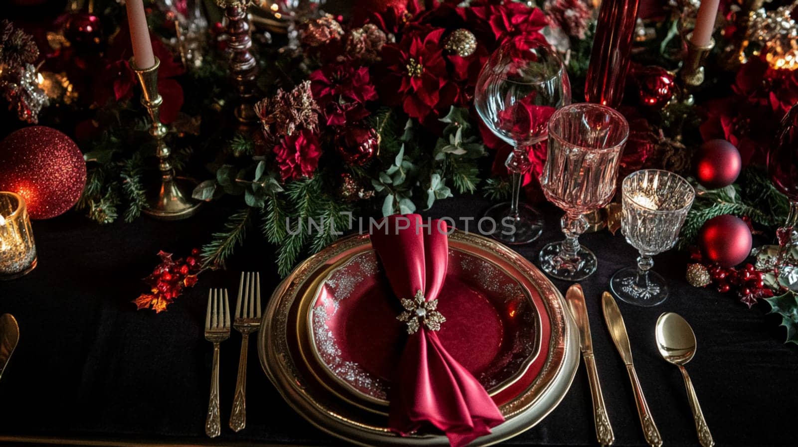 Christmas tablescape decoration, formal family dinner holiday celebration, luxury table setting decor, English country and home style idea