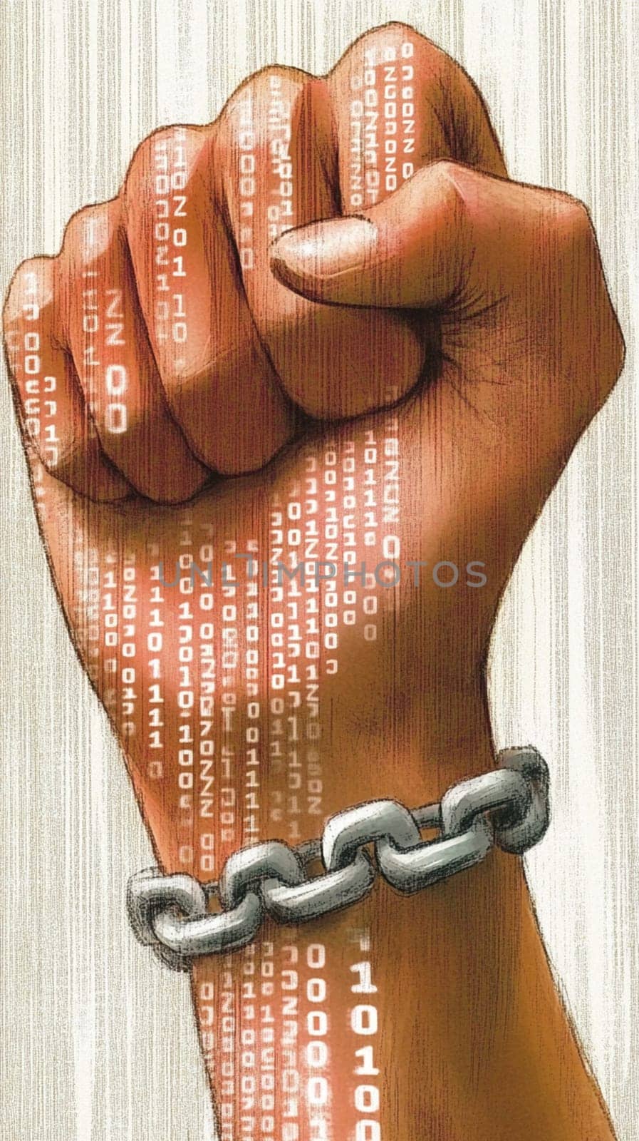 Powerful fist, adorned with intricate patterns, is breaking free from heavy chains, symbolizing the struggle for freedom and equality