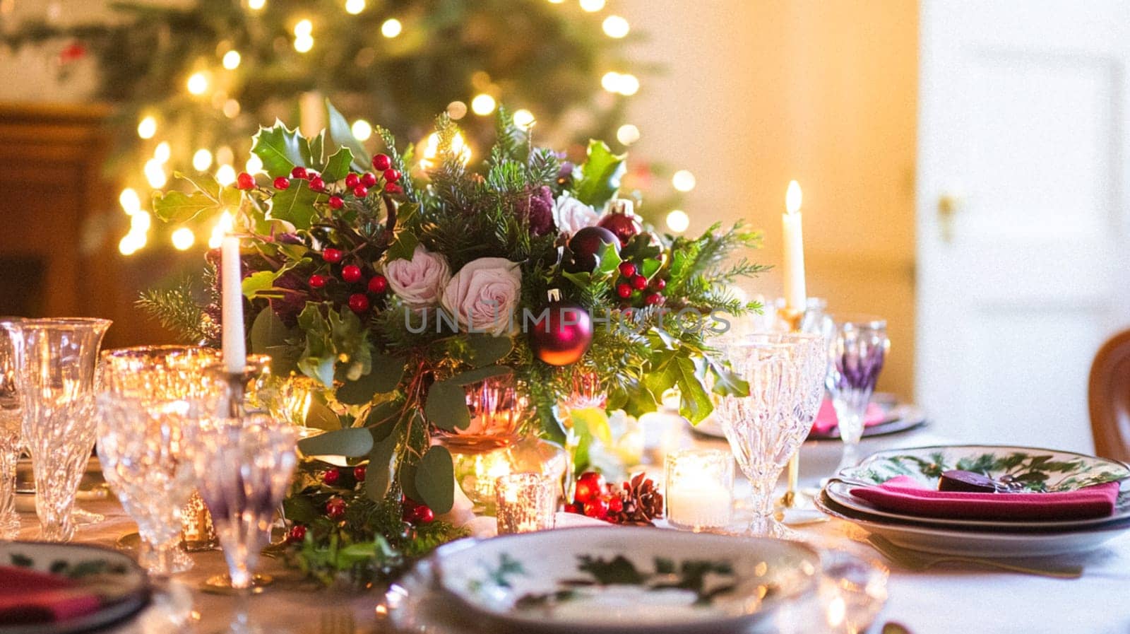 Christmas tablescape decoration, formal family dinner holiday celebration, luxury table setting decor, English country and home style idea