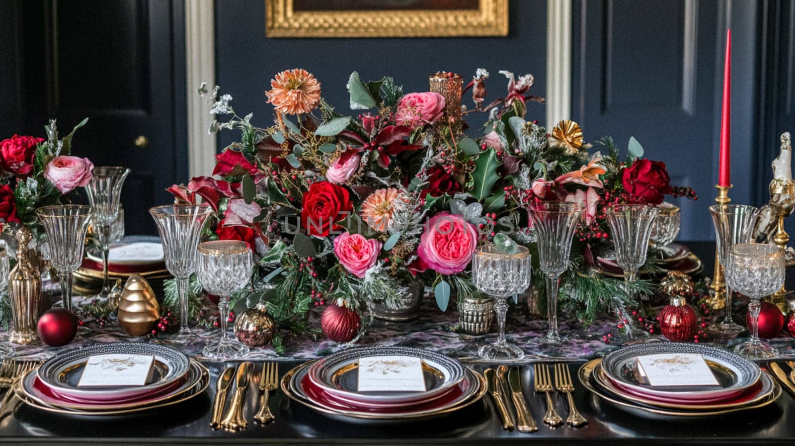 Christmas tablescape decoration, formal family dinner holiday celebration, luxury table setting decor, English country and home style idea