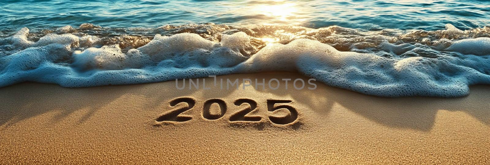 Soft Ocean Waves Washing Over 2025 Written on Golden Sand During Sunset, Travel and New Year Concept