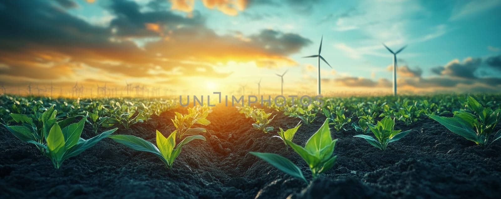Sustainable Farming Green Shoots Thrive in Fertile Field Beneath Wind Turbines at Sunset.
