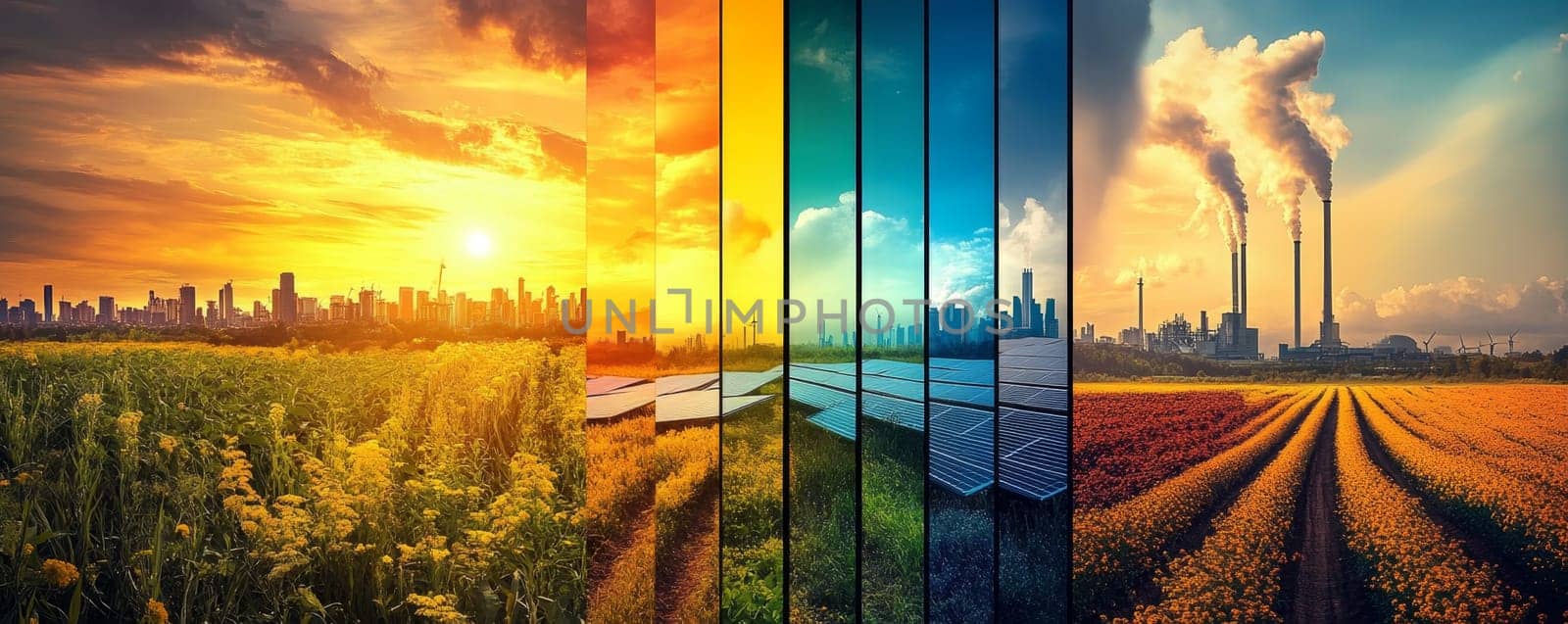 Pollution vs Renewable Energy, Solar panels versus industrial chimneys in Field landscape panorama