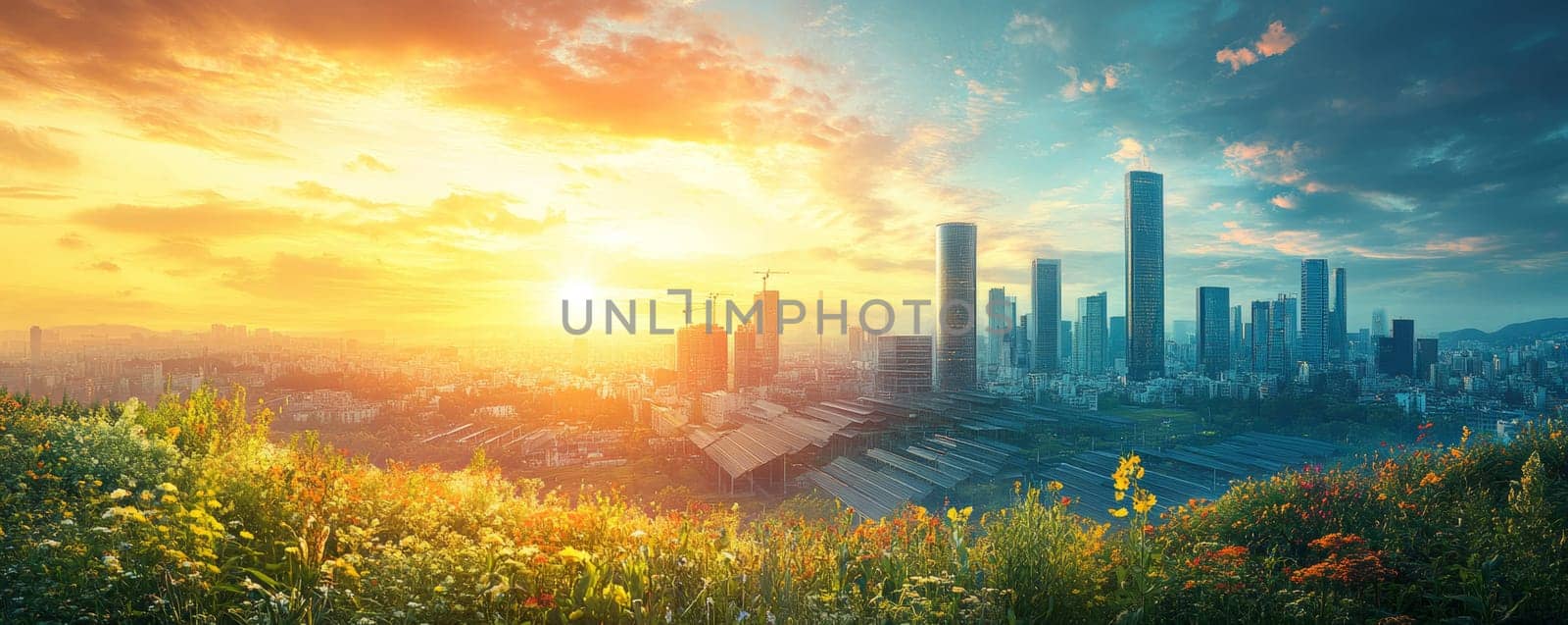 Golden Sunset Over a Modern City Skyline With Lush Green Grass and Vibrant Flowers in Foreground