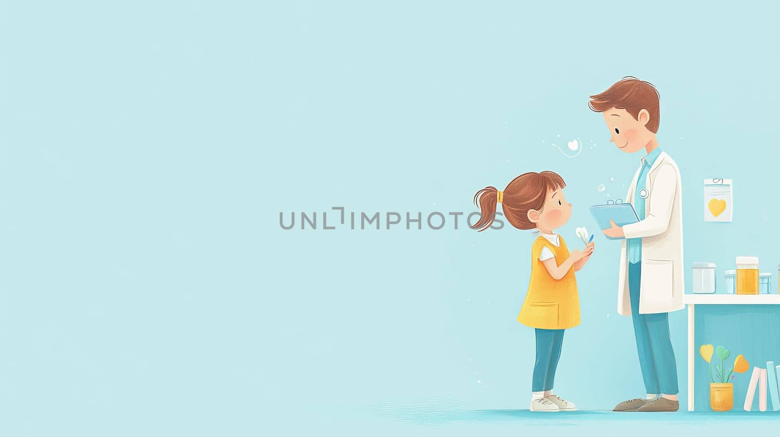 Caring Doctor Conducting Health Check-up on a Young Girl on Light Blue Background With Copy Space