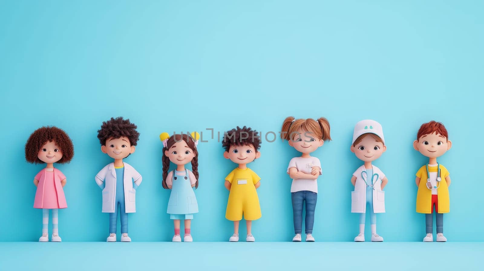 Diverse Group of Kids in Doctor and Patient Attire, Isolated on a Light Blue Background