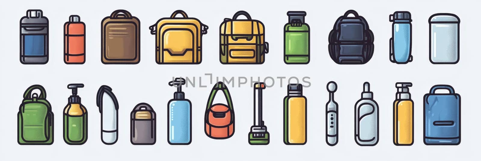 Collection of Colorful Travel Essentials Backpacks, Water Bottles, and Toiletries Isolated on White