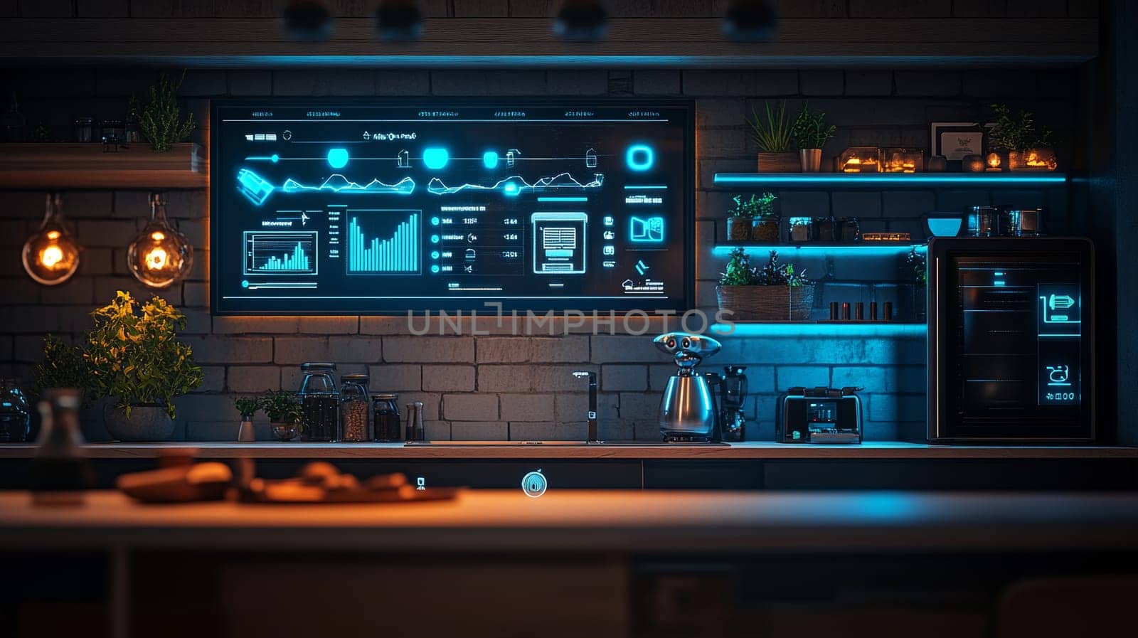 Futuristic Smart Home Kitchen with Investment Dashboard, Robotic Chef, and Smart Refrigerator