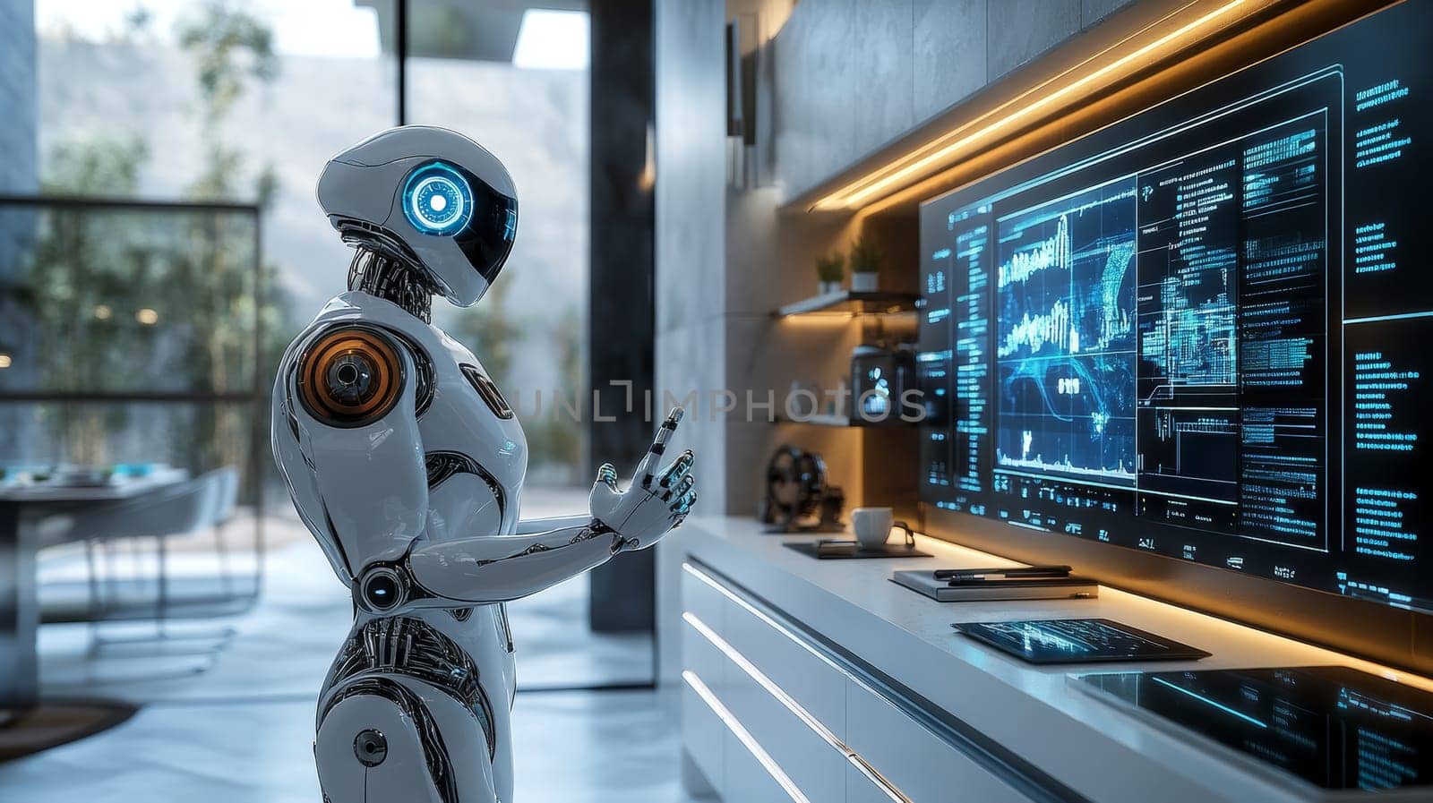 Modern Smart Home Automation with Robot Assistant, Futuristic Kitchen, and Investment Dashboard