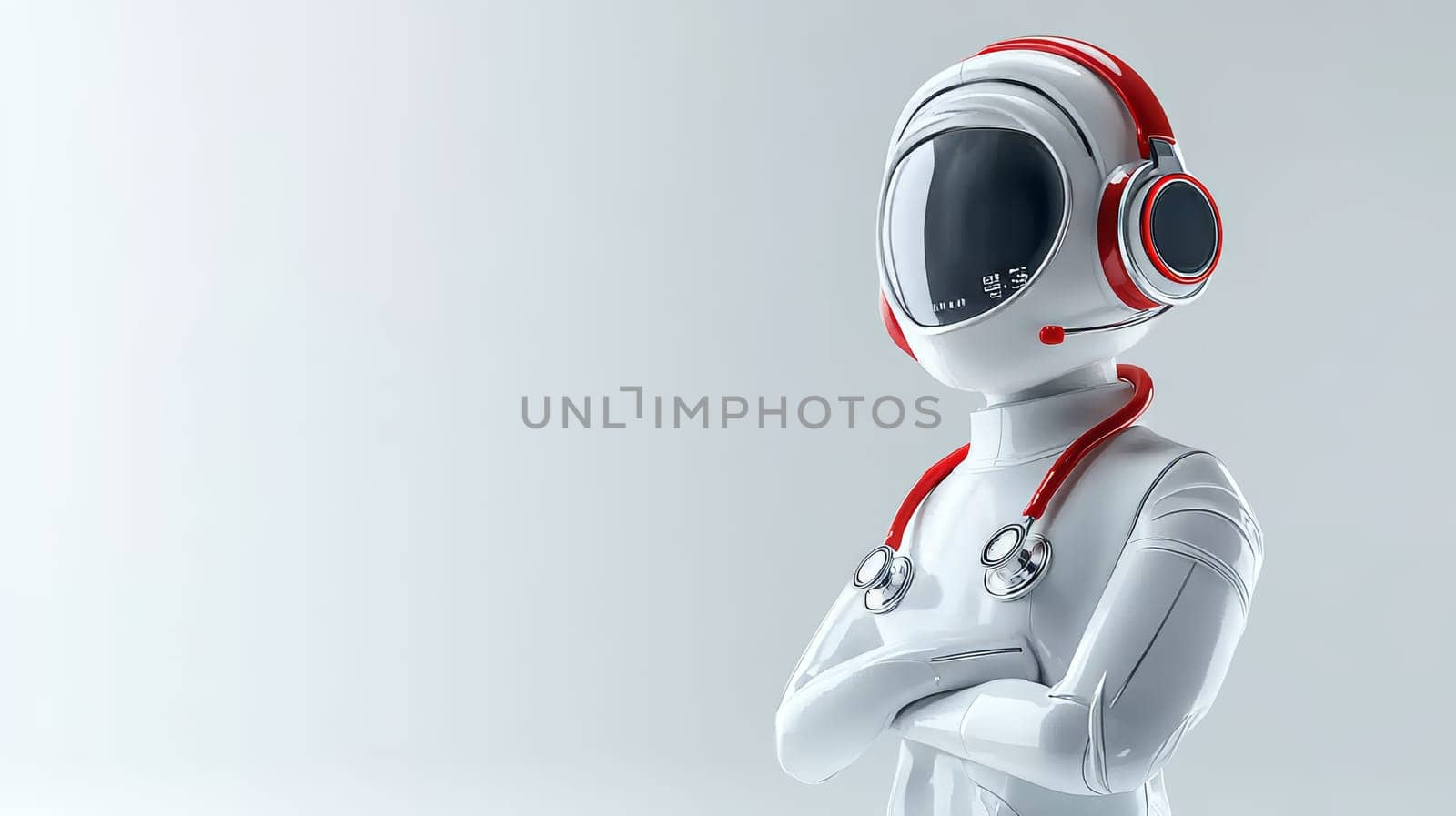 Futuristic Healthcare 3D Robot Doctor Wearing Headset, Offering Remote Medical Consultation