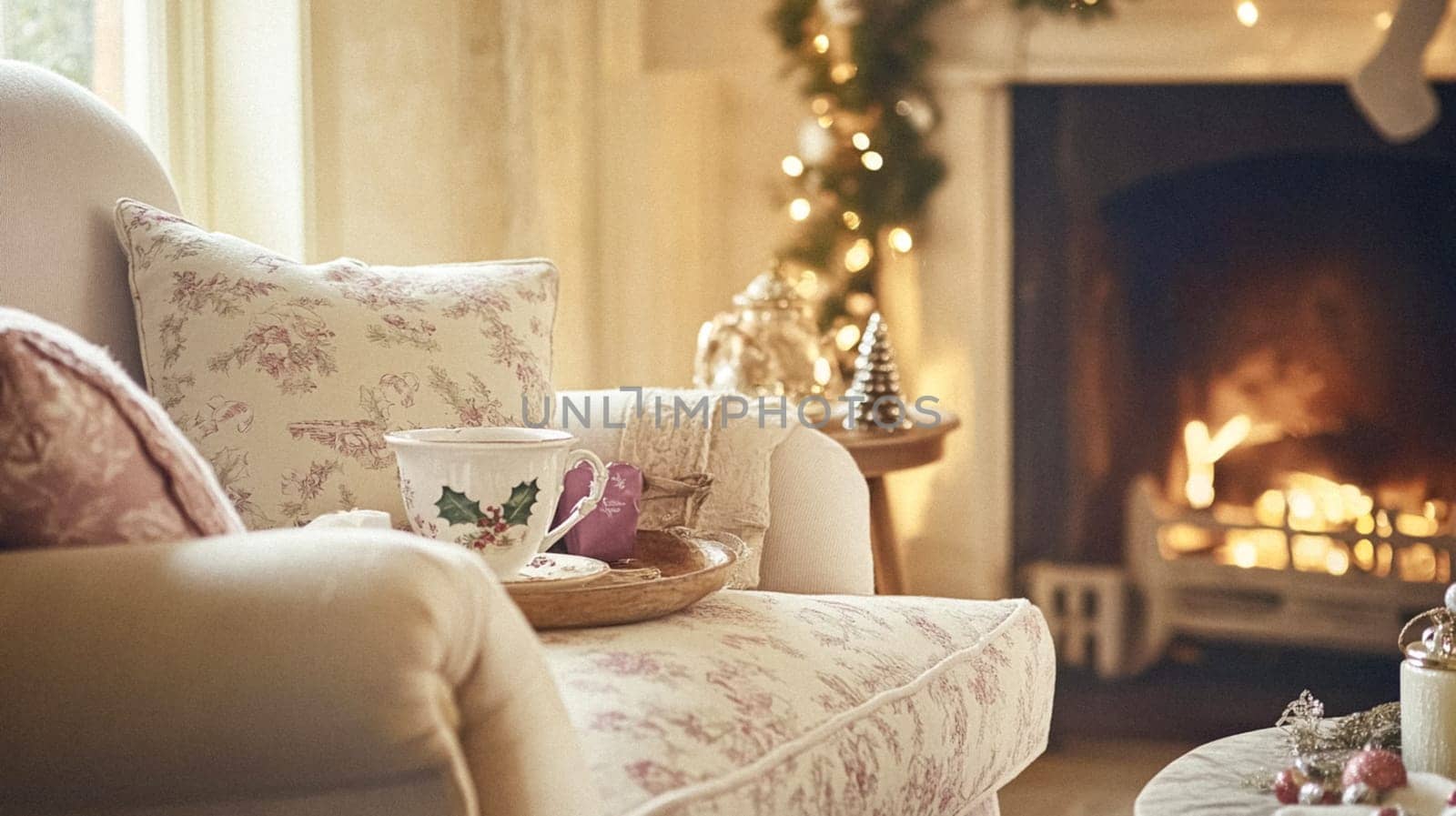 Christmas, holiday decor and country cottage style, cosy atmosphere, decorated Christmas tree in the English countryside house living room with fireplace, interior decoration idea