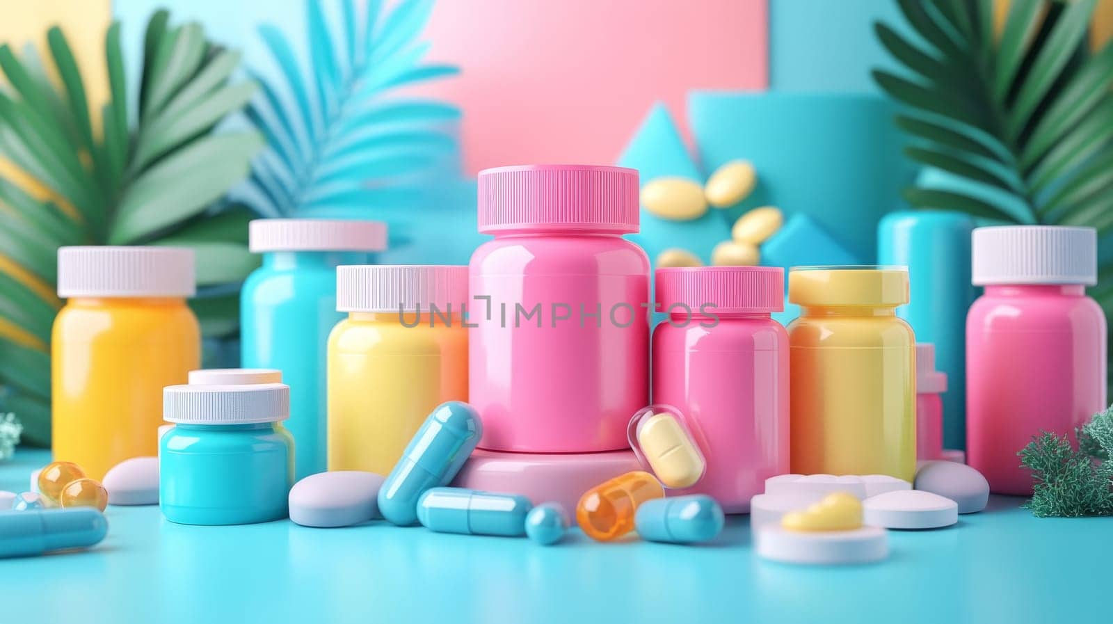 Colorful Vitamin and Supplement Bottles, Pills, and Tropical Plants on Blue Background