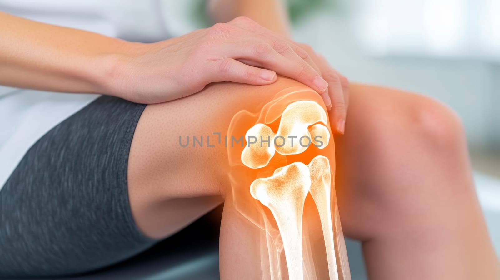 Woman Experiencing Knee Pain, Digital X-ray Highlighting Joint Inflammation and Discomfort