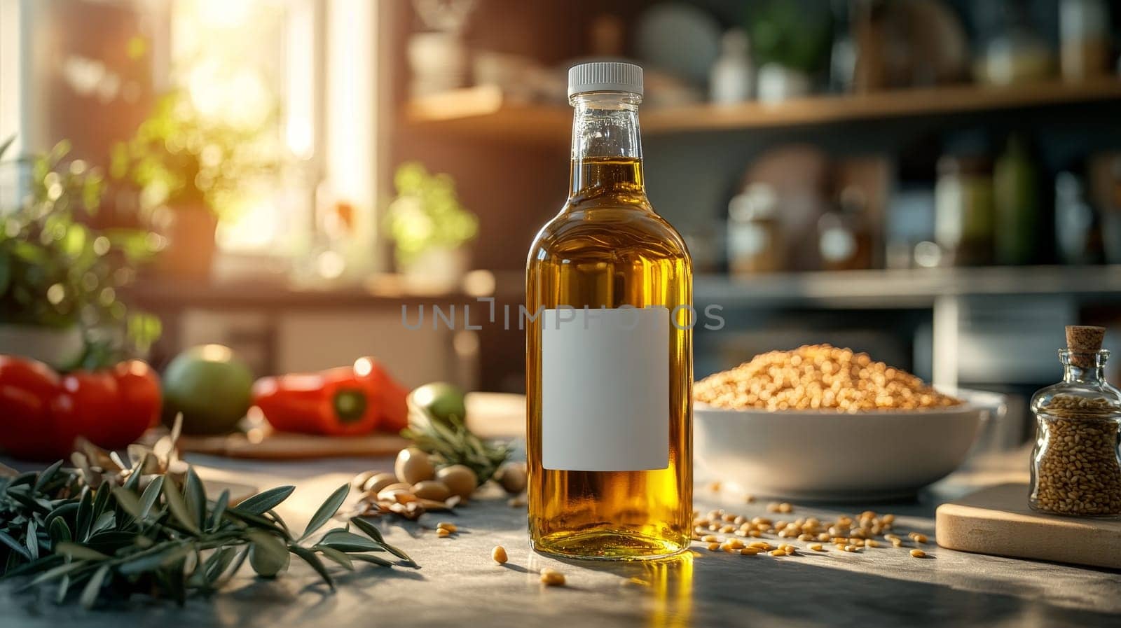 Healthy Cooking Oil. Bottle Mockup in a Kitchen Setting with Fresh Ingredients for a Delicious Meal