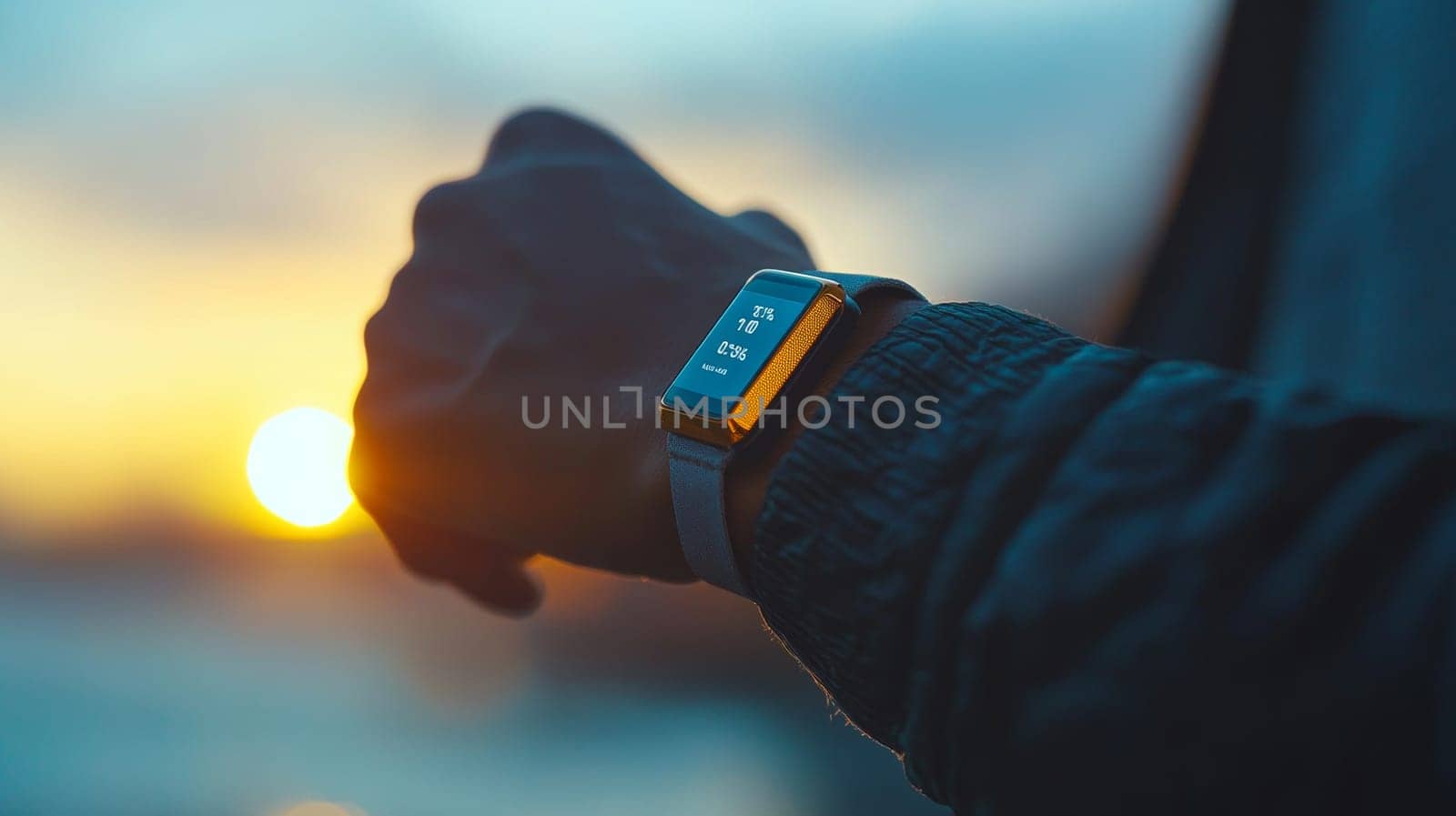 Closeup Of Man Checking Fitness Tracker At Sunset, Health Monitoring And Technology Concept