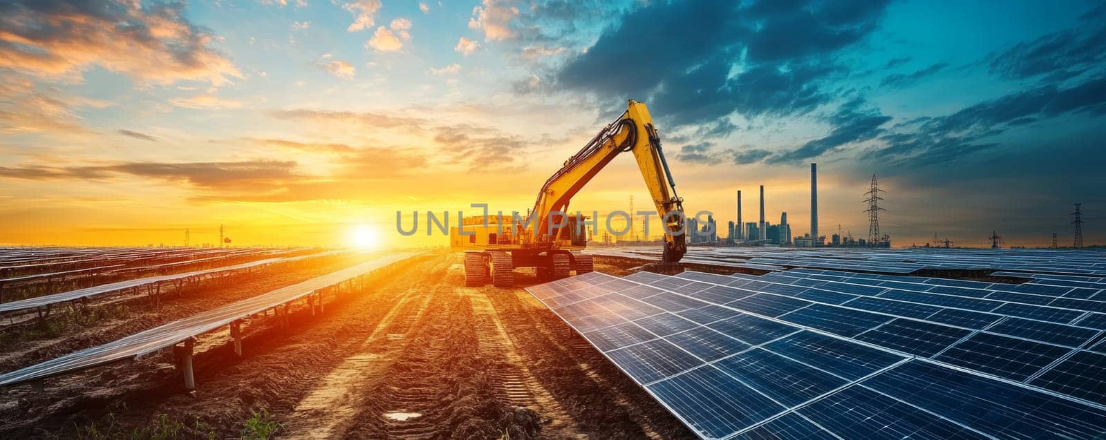 Excavator On Construction Site Of Solar Power Plant At Sunset. Renewable Energy And Green Industry