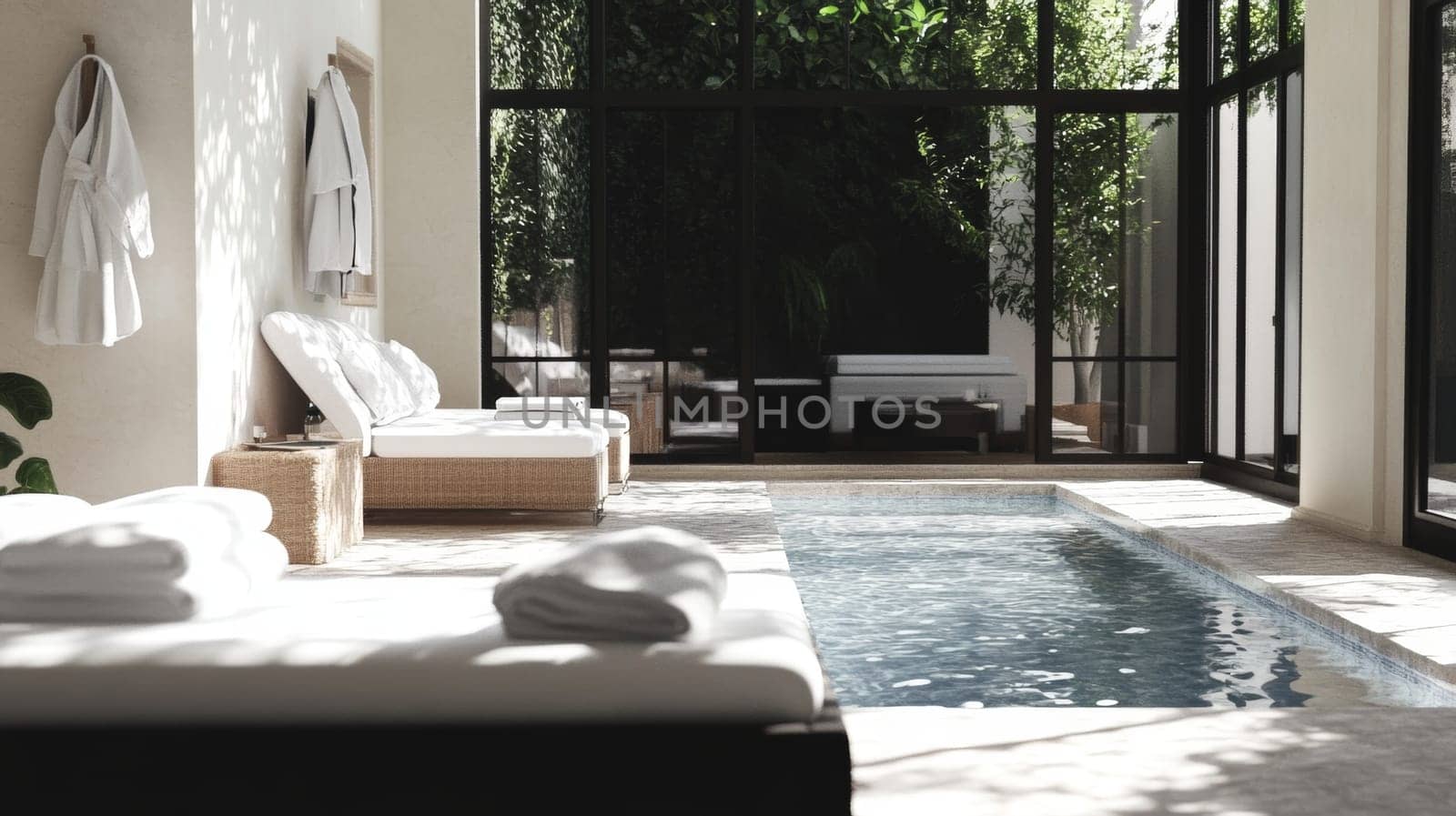 Serene Spa Relaxation Area, Indoor Pool, Tranquil Ambiance, Natural Light, Minimalist Design