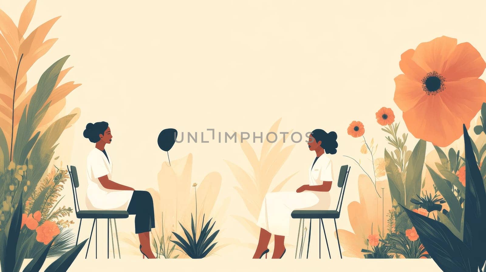 Two Women in Profile Deep Conversation Amidst Stylized Floral Setting Health Wellness