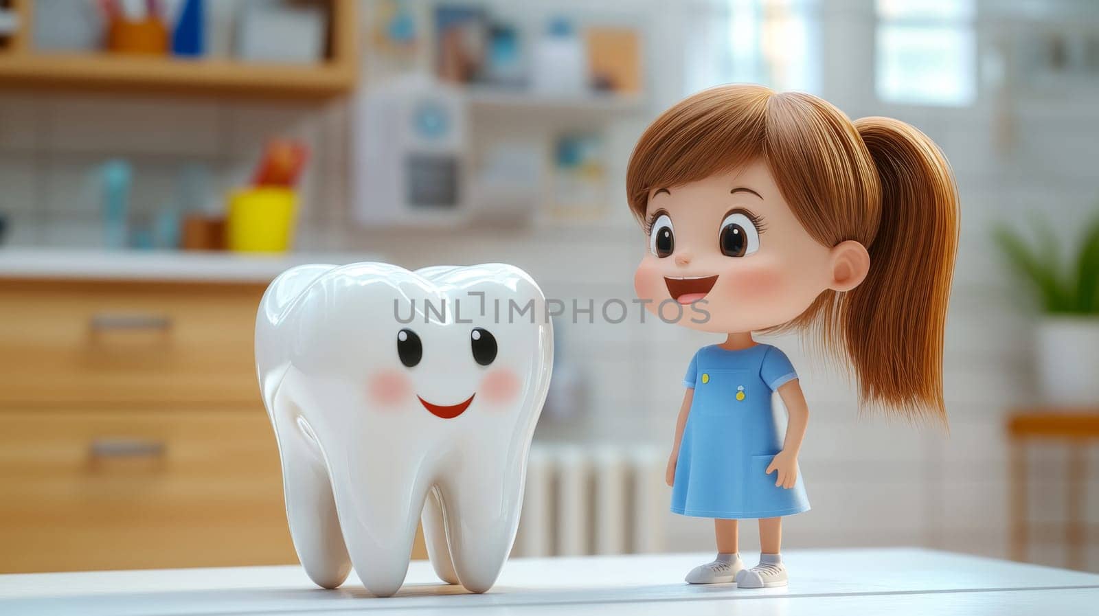 Cute Cartoon Girl With Happy Tooth Promoting Dental Health And Hygiene For Kids, 3D Render.