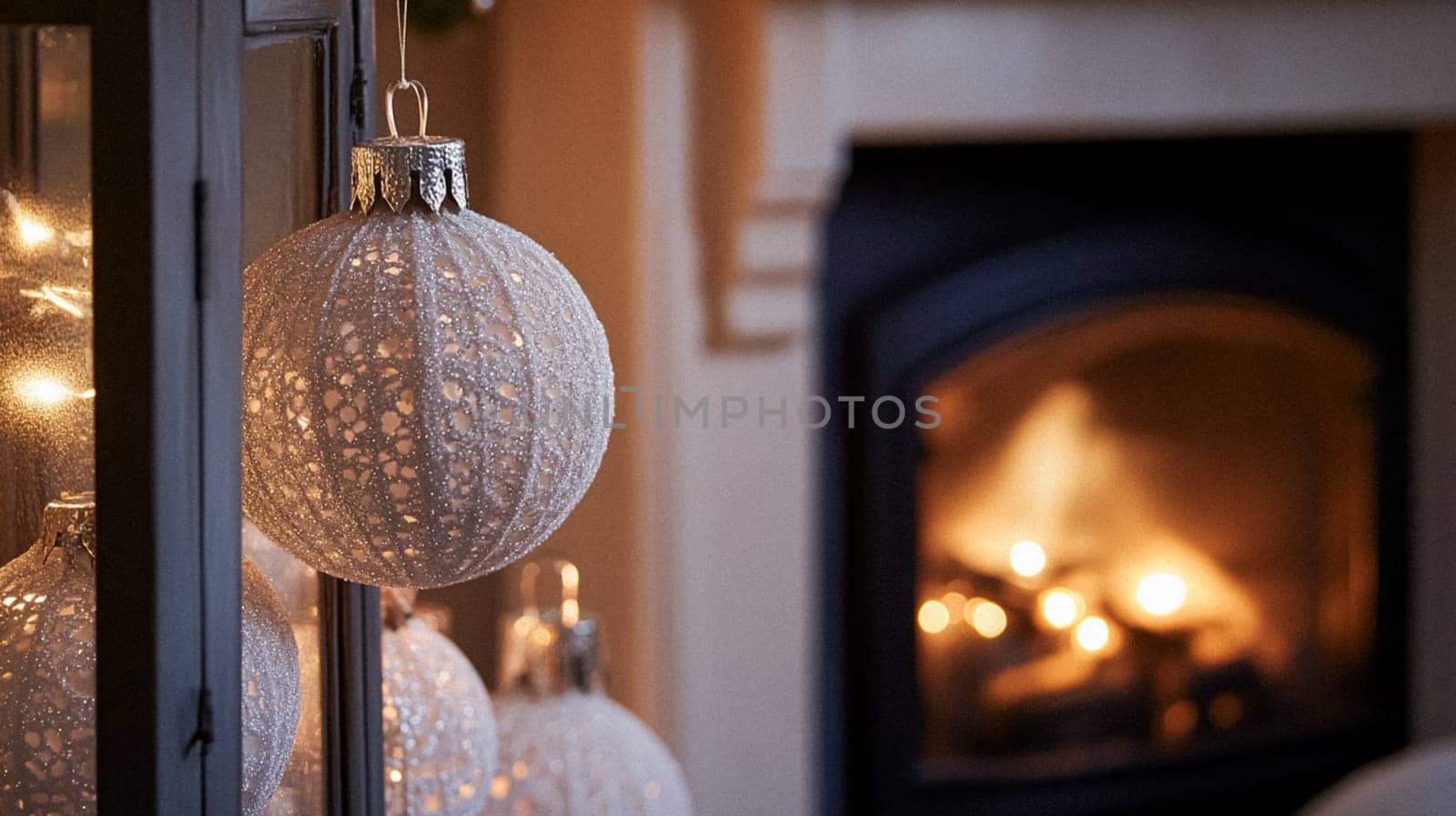 Christmas, holiday decor and country cottage style, cosy atmosphere, decorated Christmas tree in the English countryside house living room with fireplace, interior decoration idea