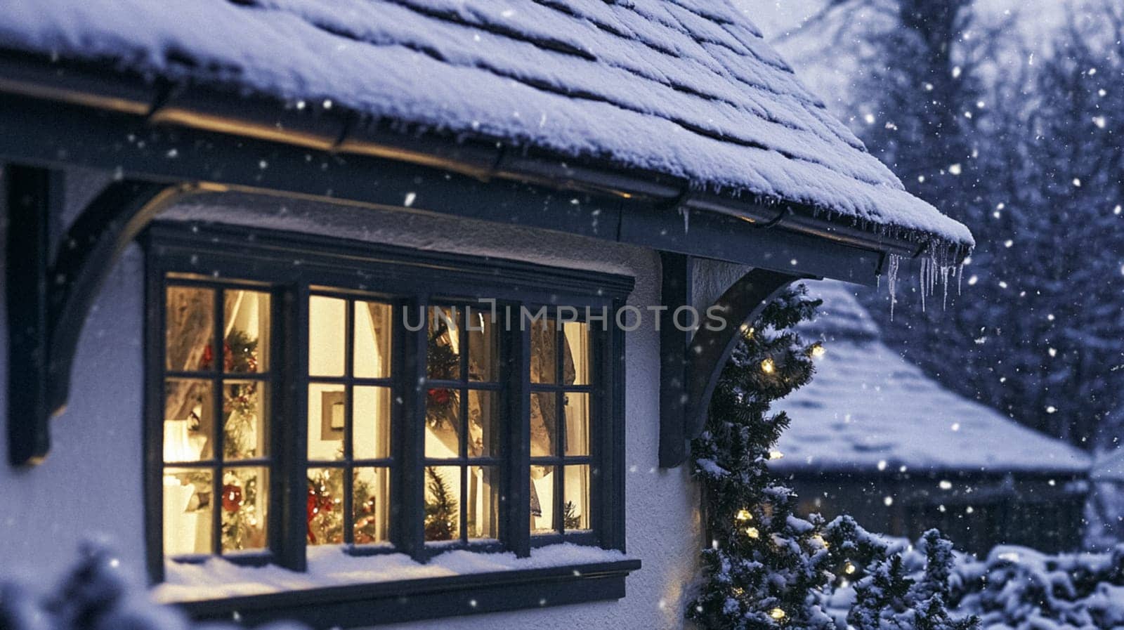 Christmas in the countryside, cottage decorated for holidays on a snowy winter evening with snow and holiday lights, English country styling inspiration