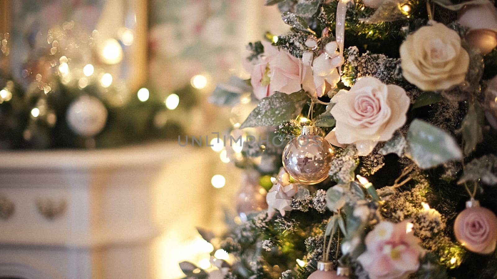 Christmas, holiday decor and country cottage style, cosy atmosphere, decorated Christmas tree in the English countryside house living room with fireplace, interior decoration idea
