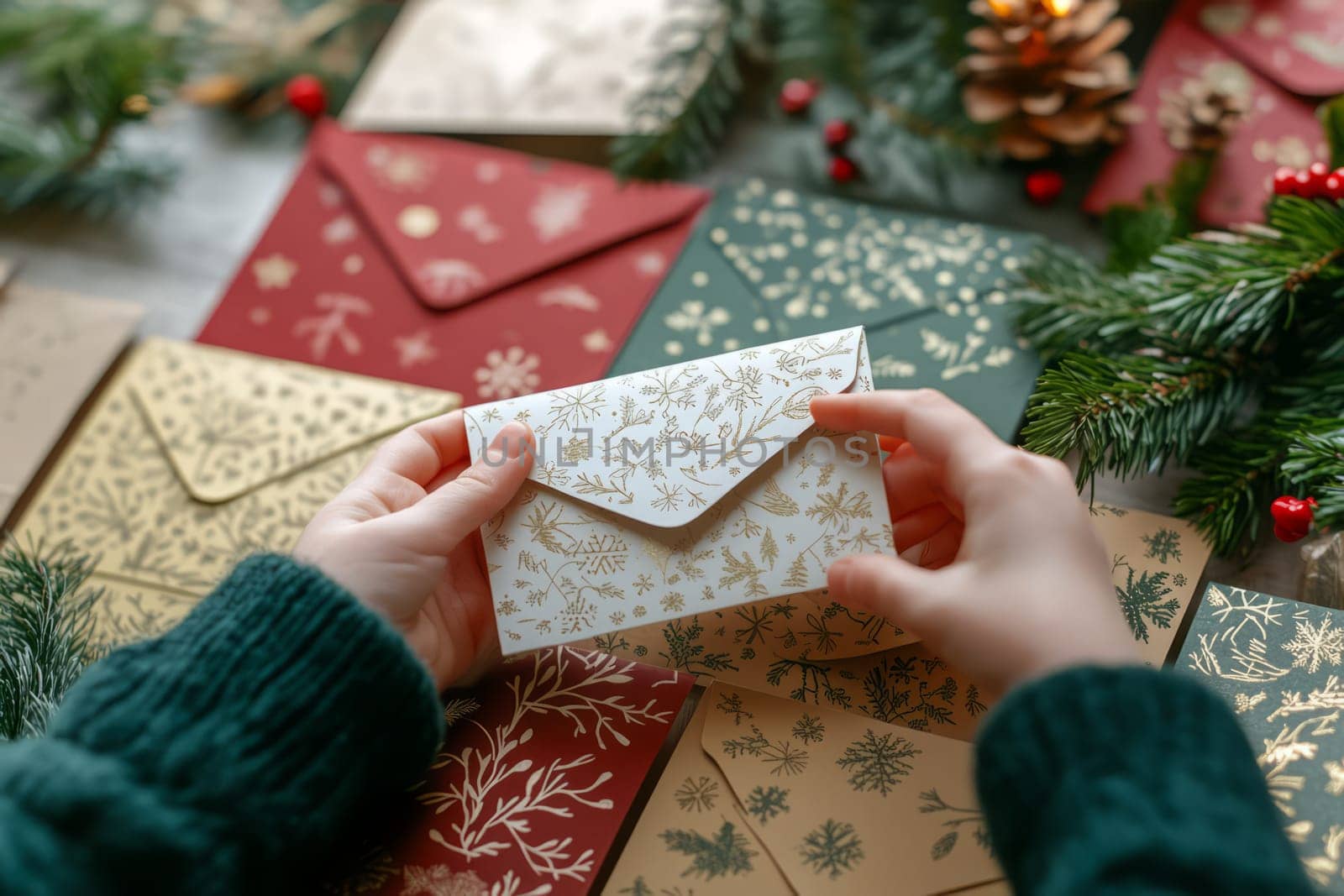 A child's hands open paper envelopes advent calendar for a Christmas