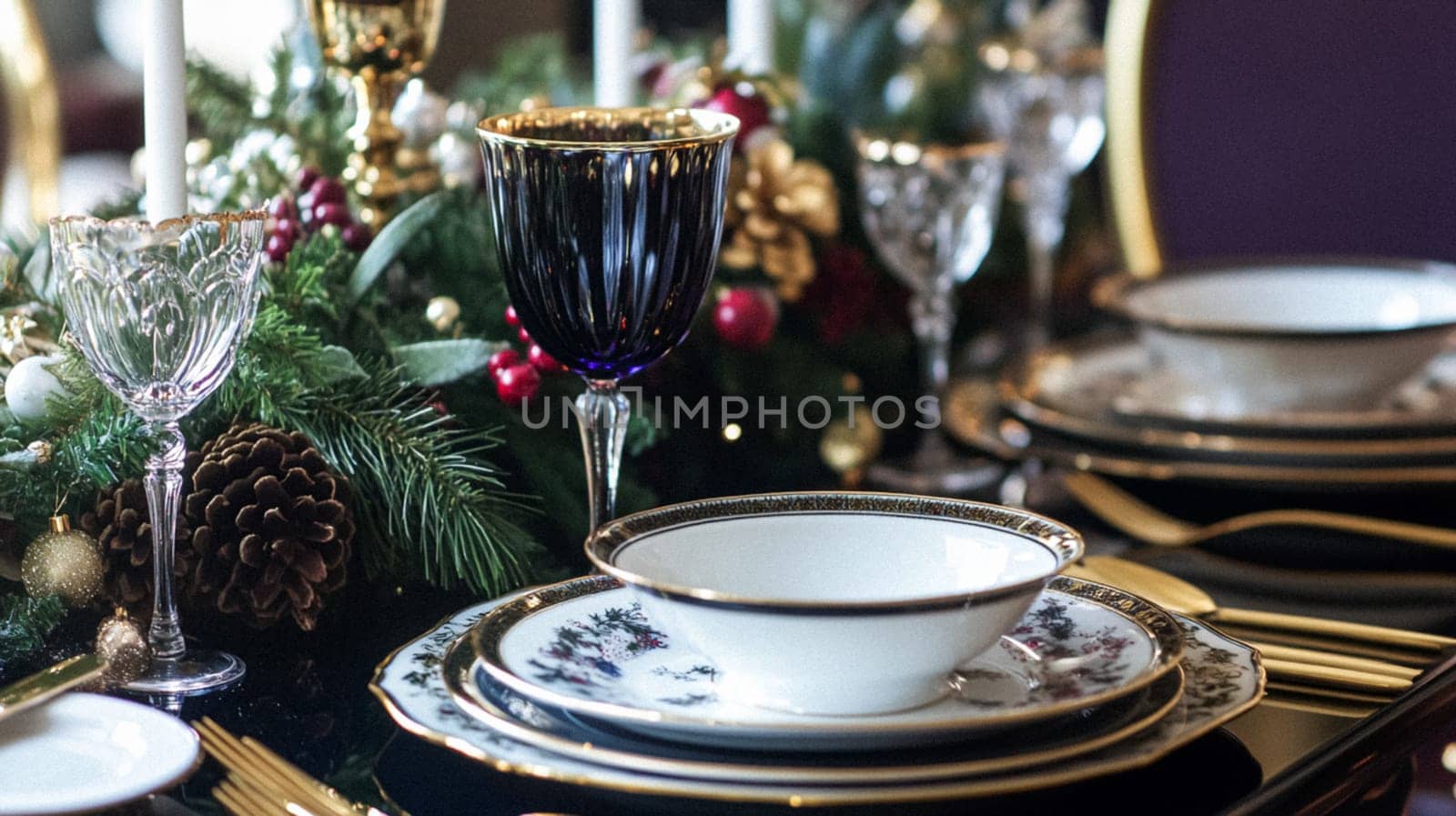 Christmas tablescape decoration, formal family dinner holiday celebration, luxury table setting decor, English country and home style idea
