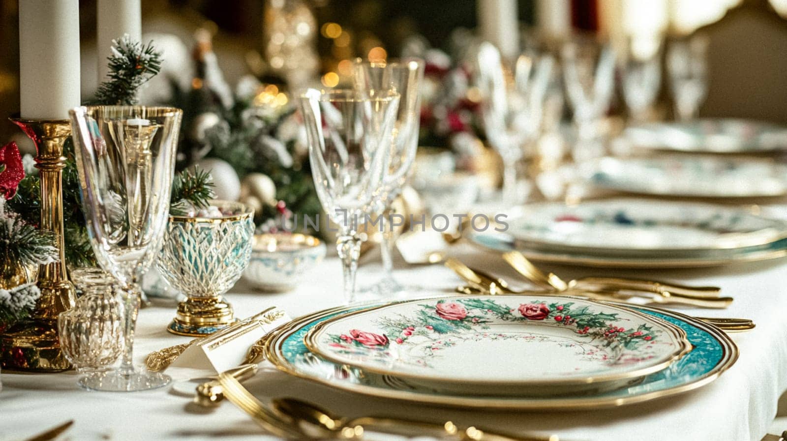 Christmas tablescape decoration, formal family dinner holiday celebration, luxury table setting decor, English country and home style idea