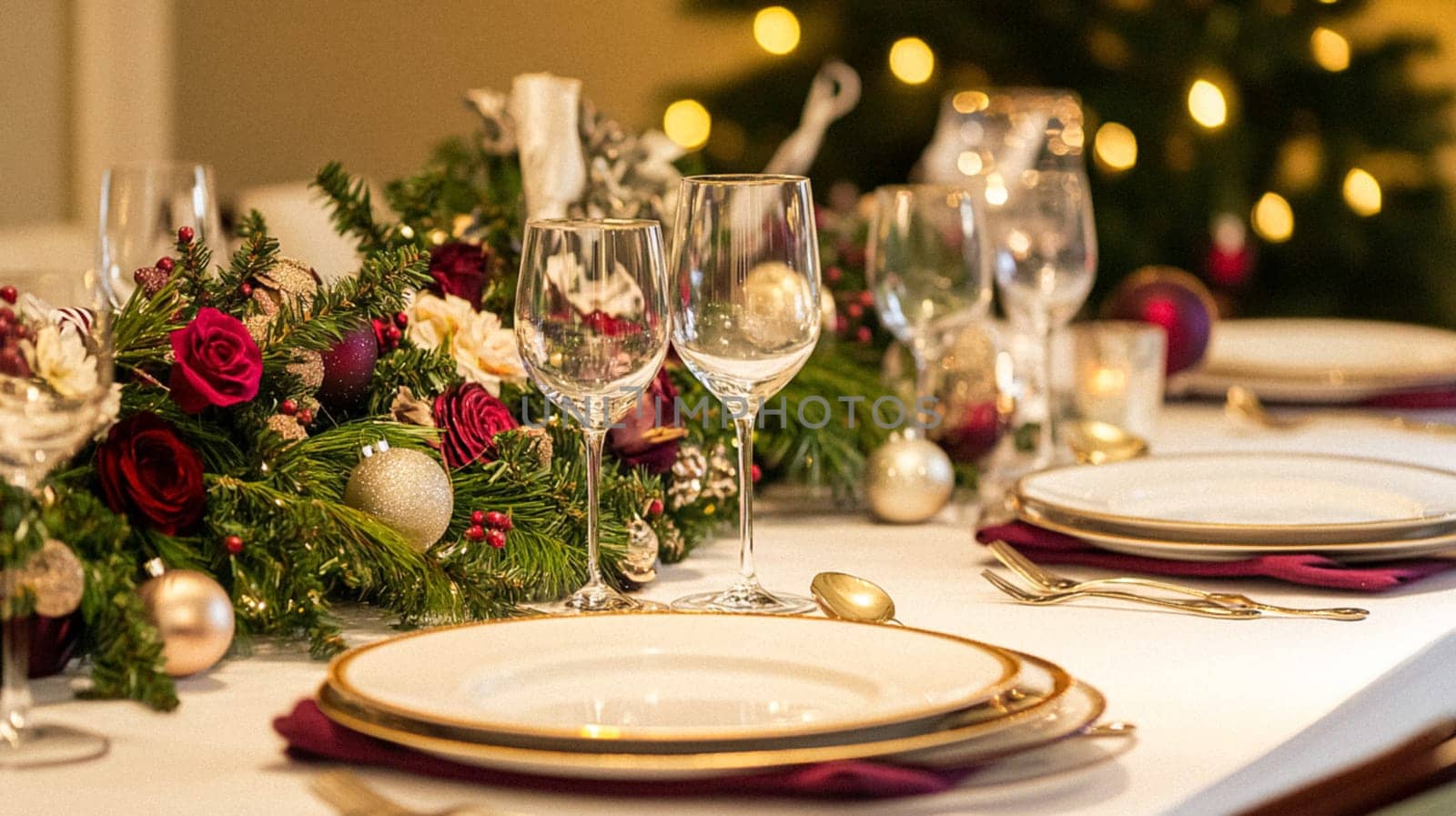 Christmas tablescape decoration, formal family dinner holiday celebration, luxury table setting decor, English country and home style idea