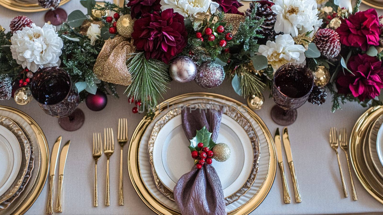Christmas tablescape decoration, formal family dinner holiday celebration, luxury table setting decor, English country and home style idea