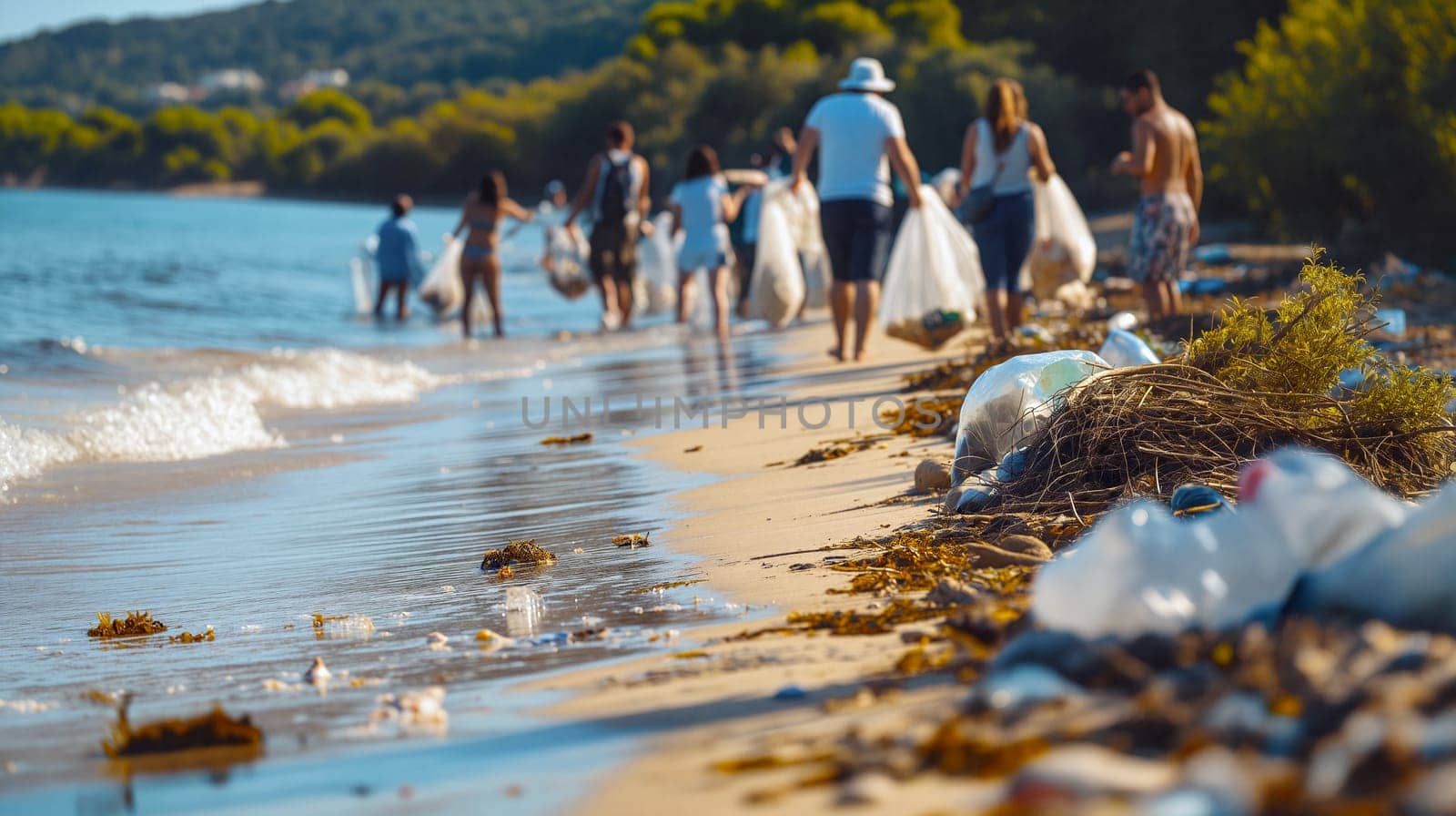 A group of volunteers collects plastic debris on a sunny beach day, working together to restore the coastal environment and protect marine life - Generative AI