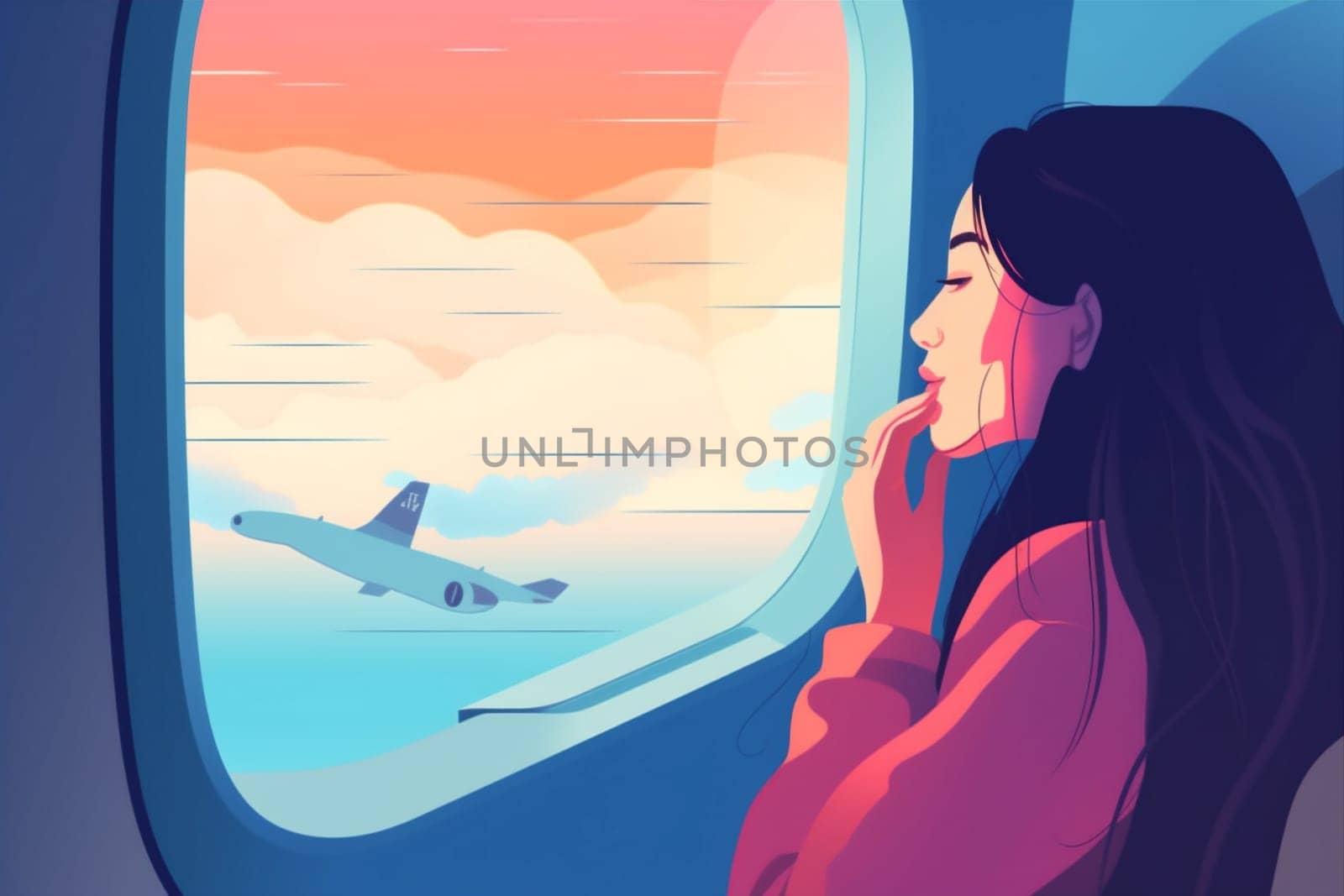 transportation woman journey girl plane seat trip flight character window passenger. Generative AI. by Vichizh