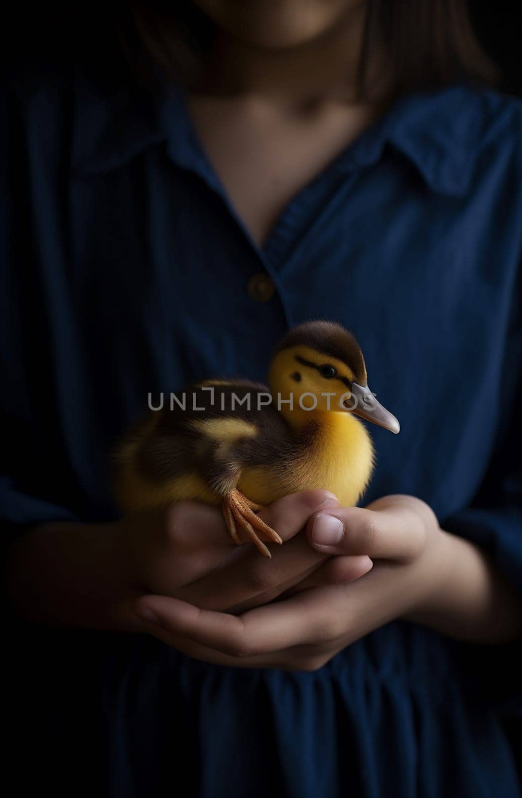 little hand girl farm yellow child duck close-up bird duckling. Generative AI. by Vichizh