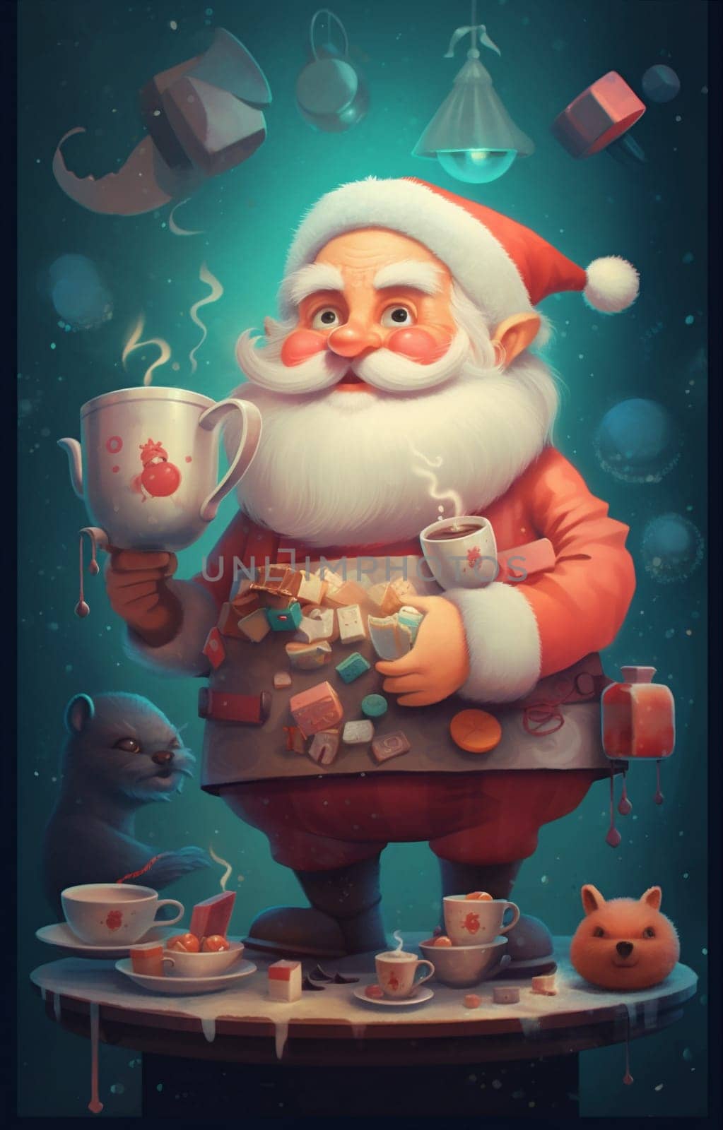 calm man claus year year santa household home male caucasian merry cute christmas mug time cosy relaxing domicile new holiday tinsel domestic. Generative AI.