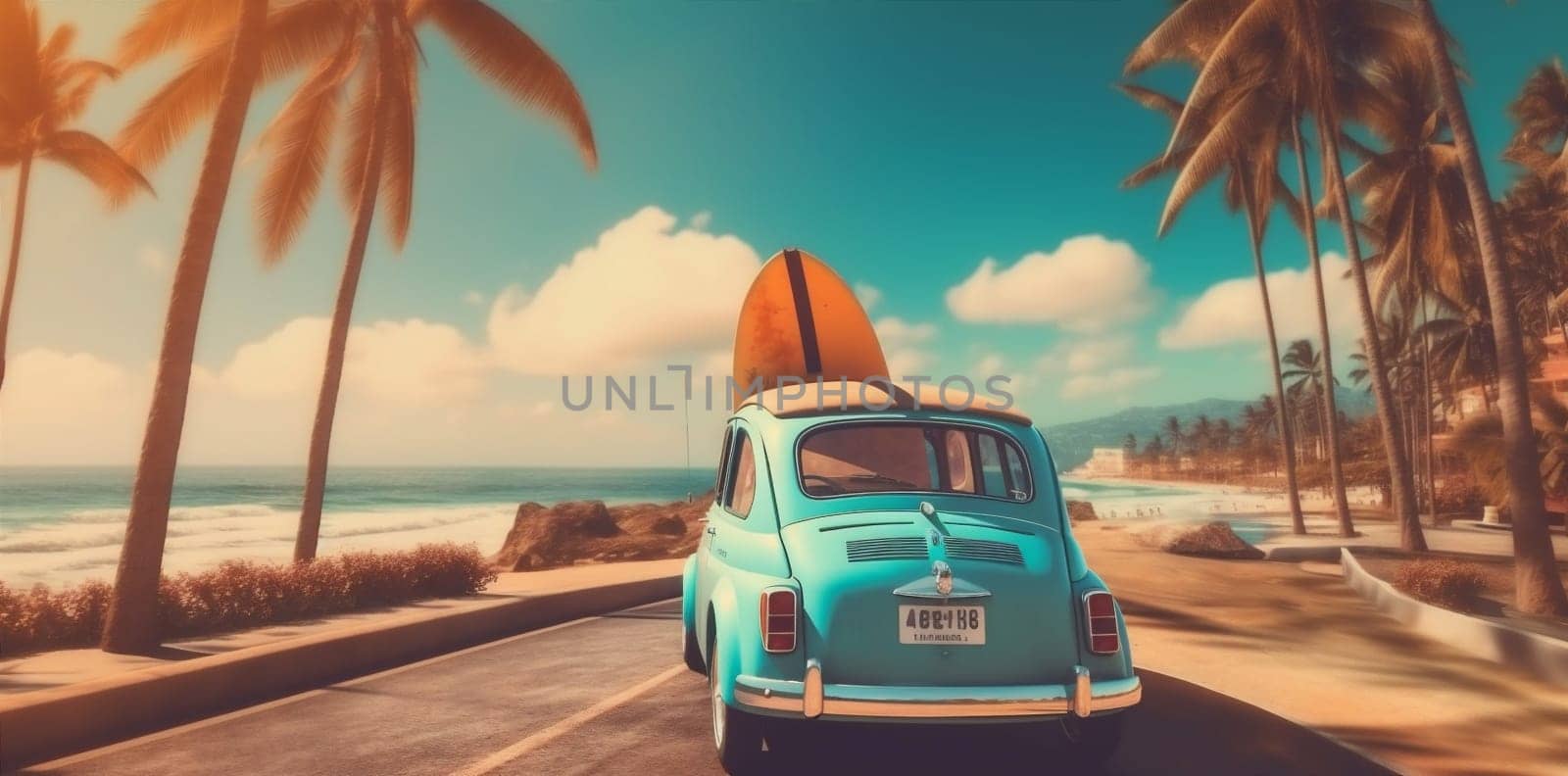 retro tropical travel road vintage summer beach trip car vacation. Generative AI. by Vichizh