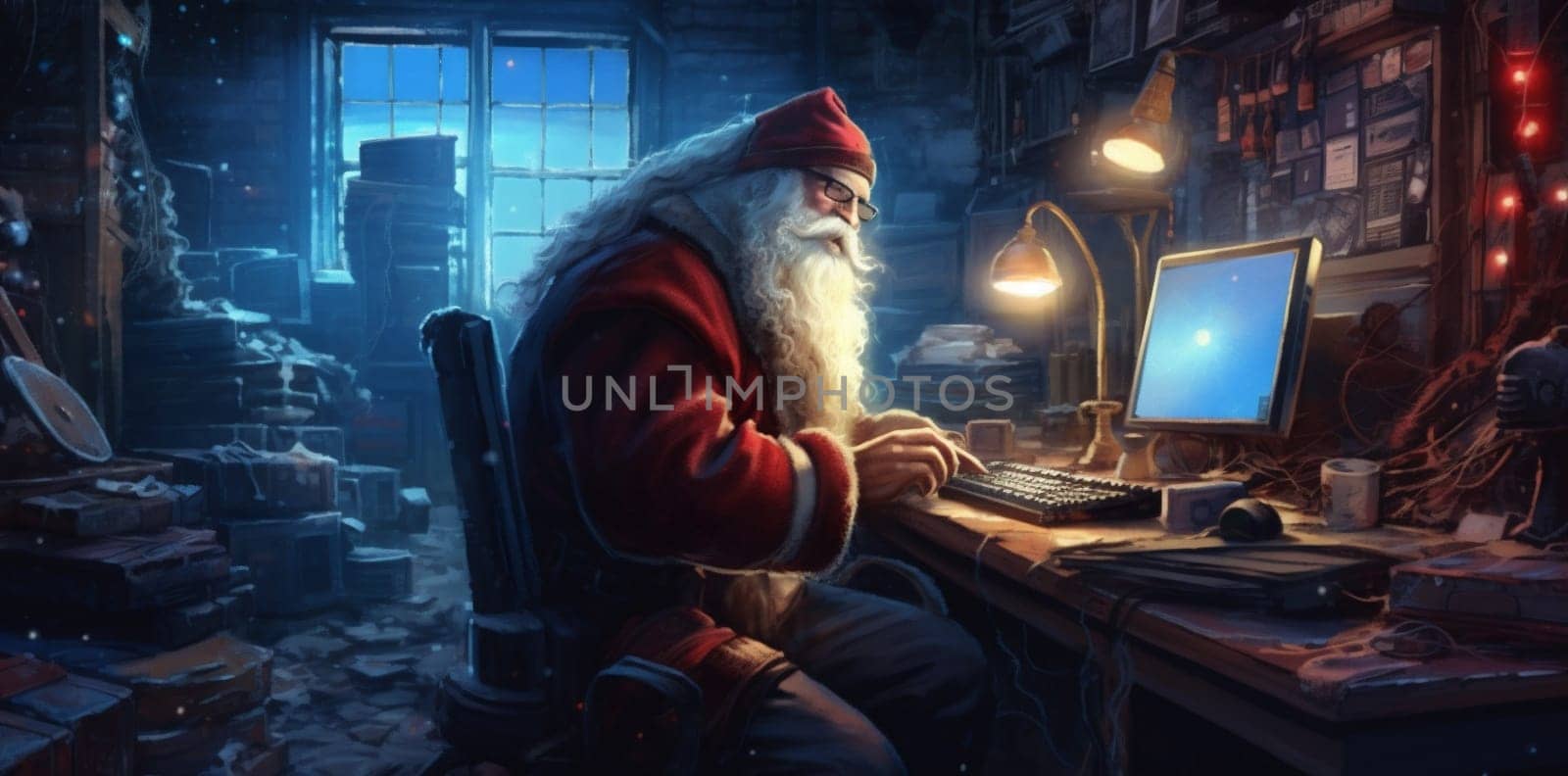 woman home laptop chat year celebration communication happy holiday interior christmas indoor winter family cyberspace santa house computer character room. Generative AI.