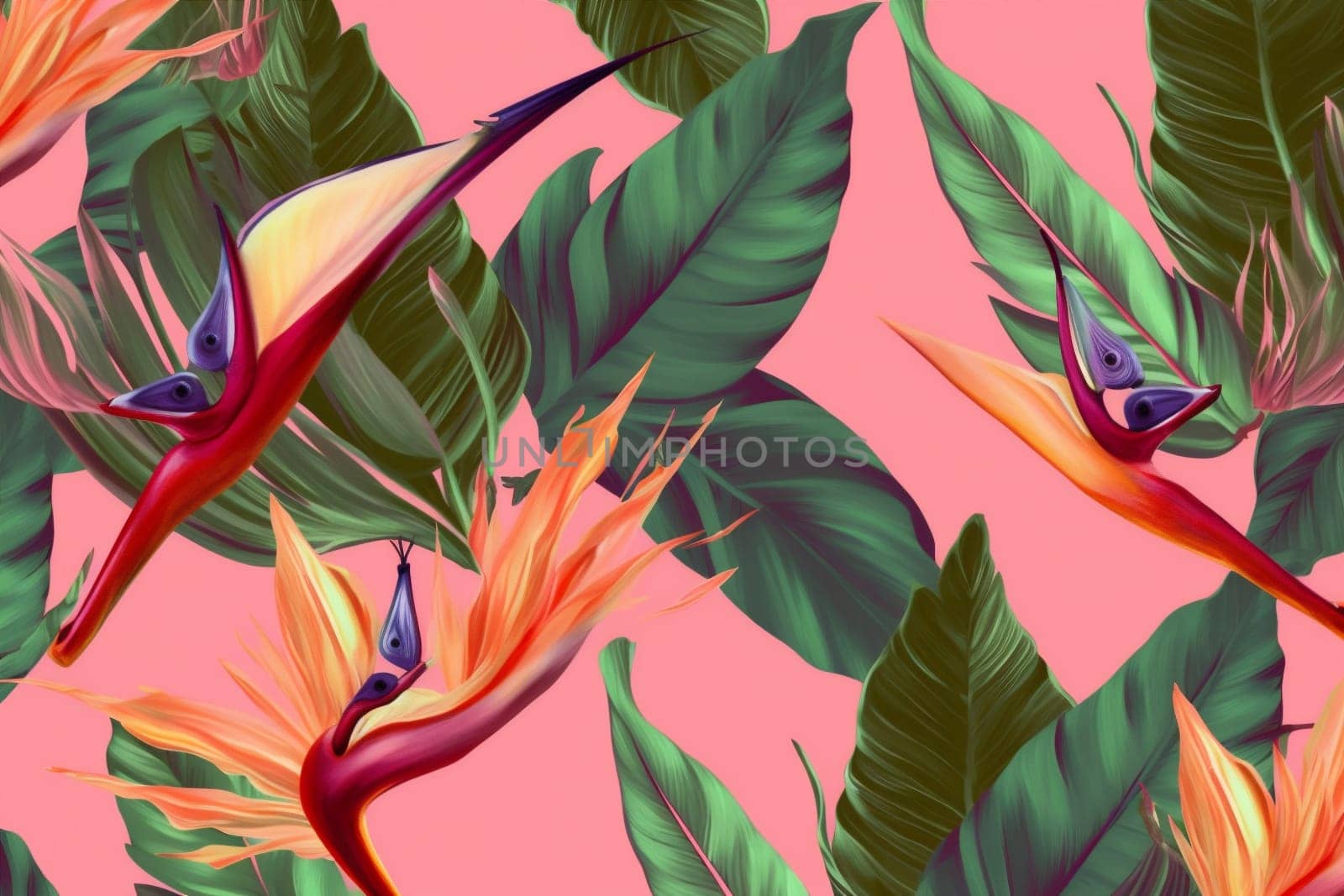 pink flower texture beach jungle leaf decoration trendy tropical garden colorful spring abstract seamless fashion summer orange pattern red white. Generative AI.