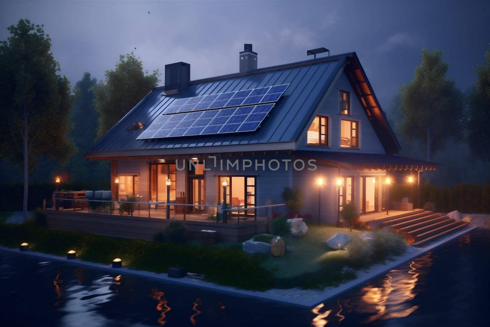 power nature auto energy eco electricity swimming modern architecture panel new solar sky building green pool house home garden window design. Generative AI.