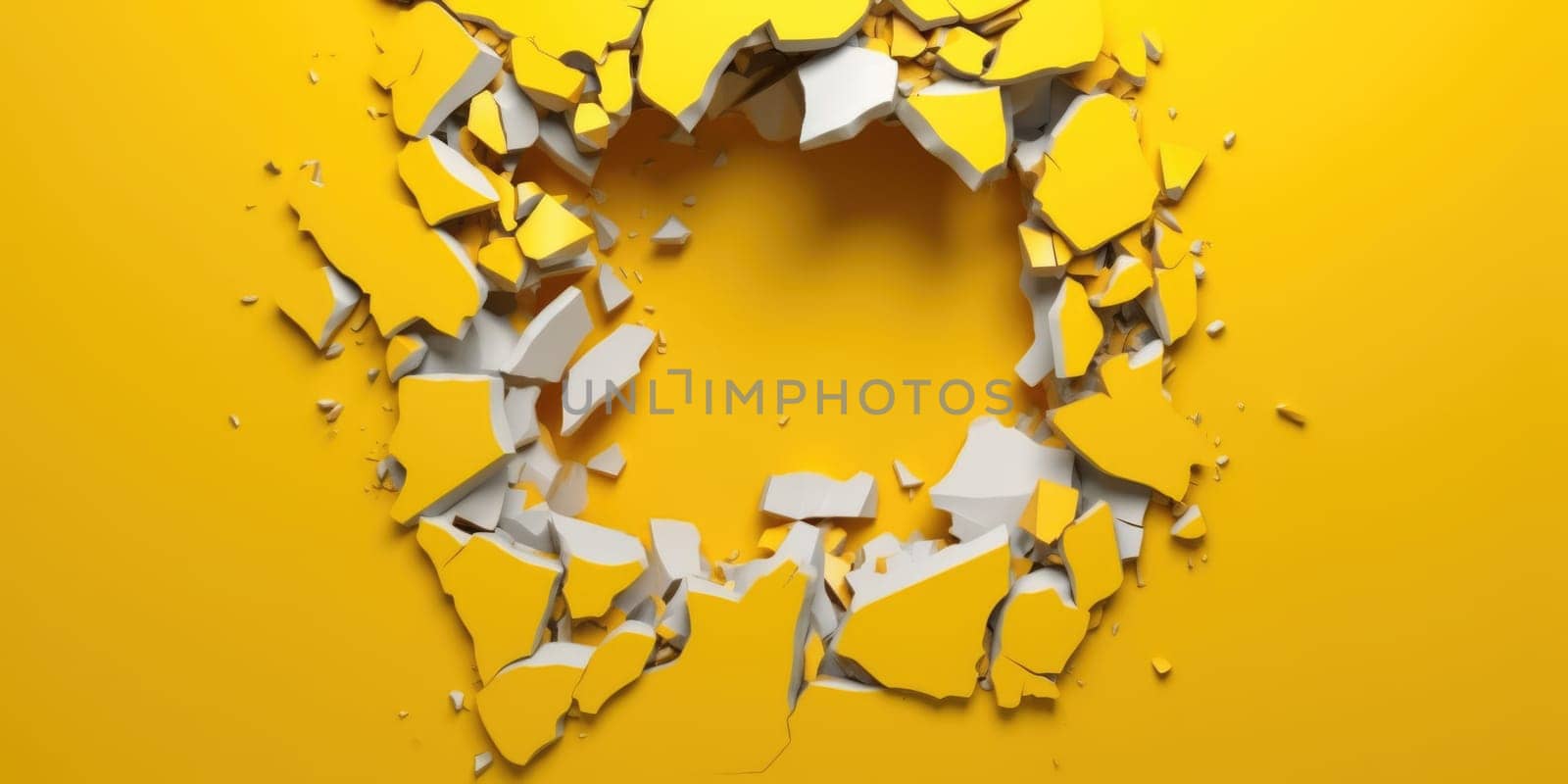 Breaking out of a hole in solid Yellow wall, torn hole, empty copy space frame, mockup. Generative AI image weber.