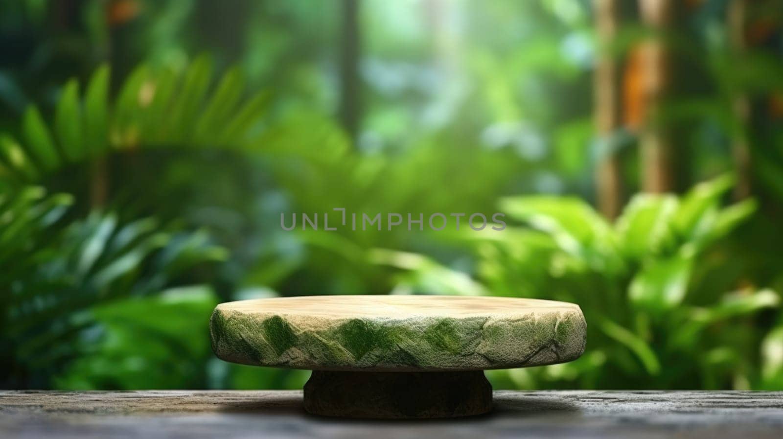 Empty stone table for product advertising display in fresh green jungle blur background. Generative AI image weber.