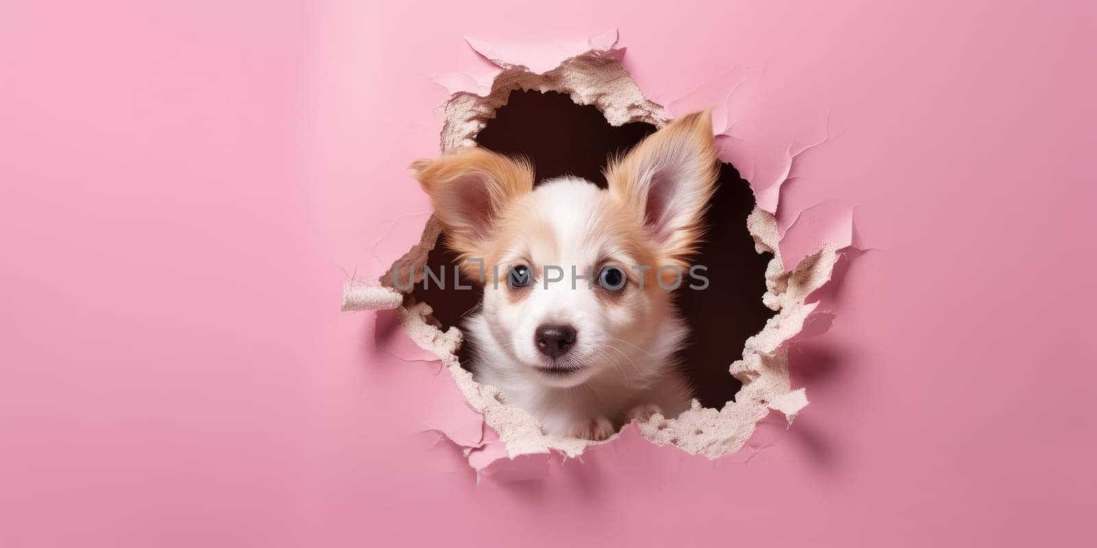 Cute Puppy peeking out of a hole in wall, torn hole, empty copy space frame, mockup. Generative AI image weber.