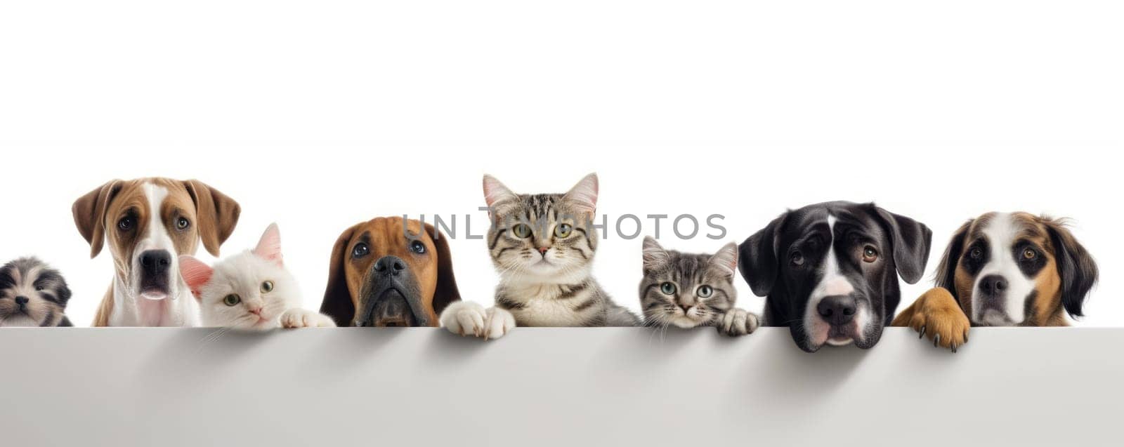 Dogs and Cats, peeking over the clear solid white top line, petshop banner, happy, smile, funny. Generative AI image weber.