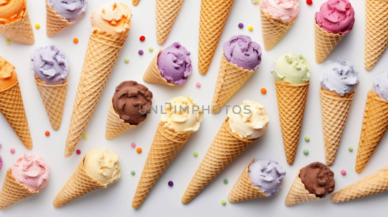 Top view photo of many ice cream, colorful, wafer cones, maximalism, isolated pastel white background with copyspace. Generative AI image weber.