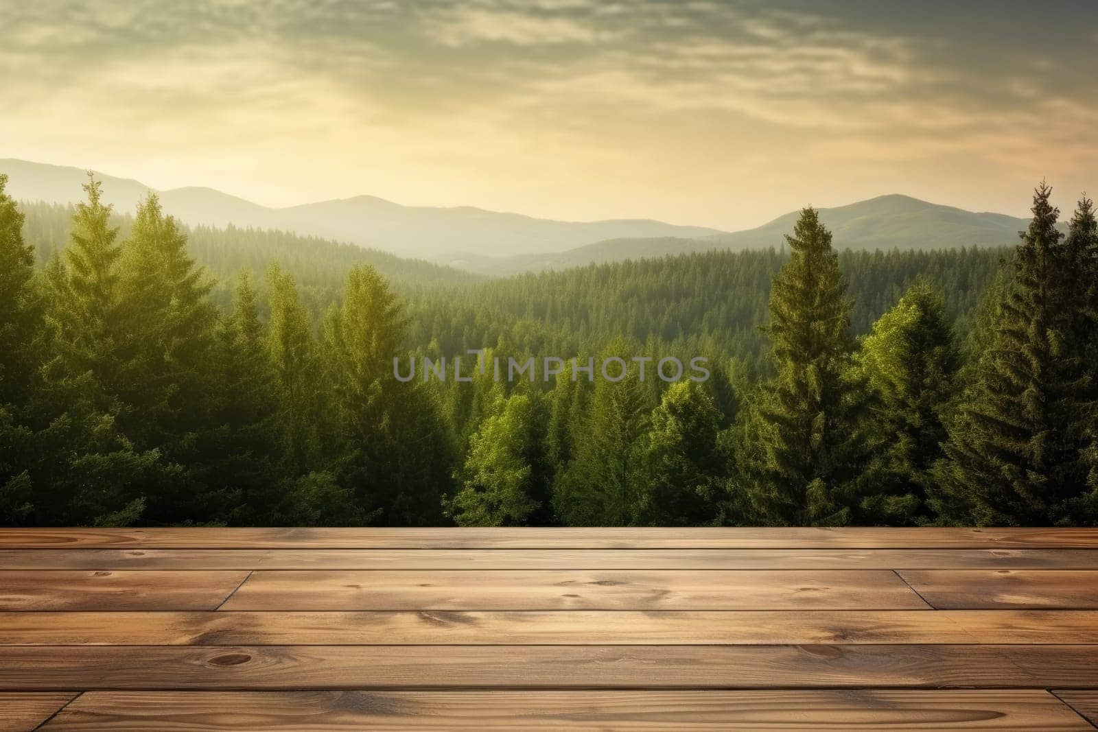 Wooden table background with landscape of forest. wooden, table, wood, forest, landscape, nature, tree, background, empty, light, sky, sun, summer, design, floor. Generative AI image weber.