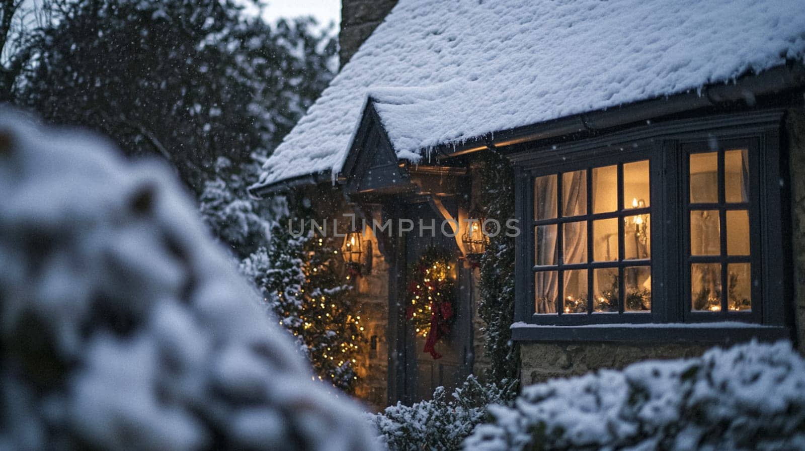 Christmas in the countryside, cottage decorated for holidays on a snowy winter evening with snow and holiday lights, English country styling inspiration