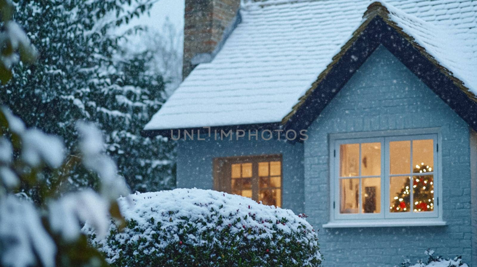 Christmas in the countryside, cottage decorated for holidays on a snowy winter evening with snow and holiday lights, English country styling inspiration