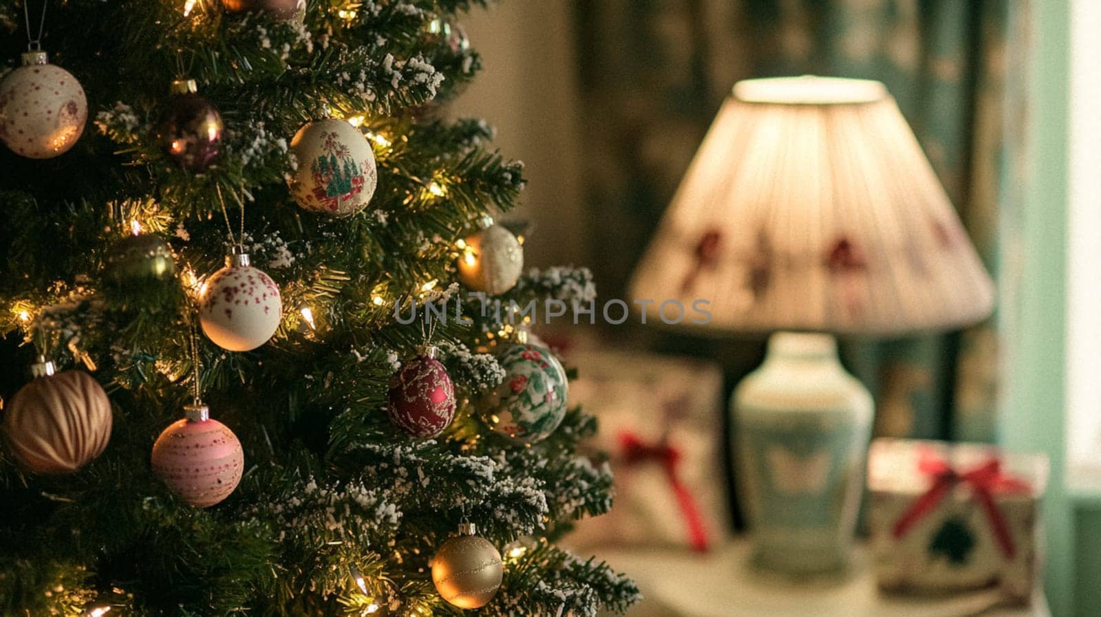 Christmas, holiday decor and country cottage style, cosy atmosphere, decorated Christmas tree in the English countryside house living room with fireplace, interior decoration idea