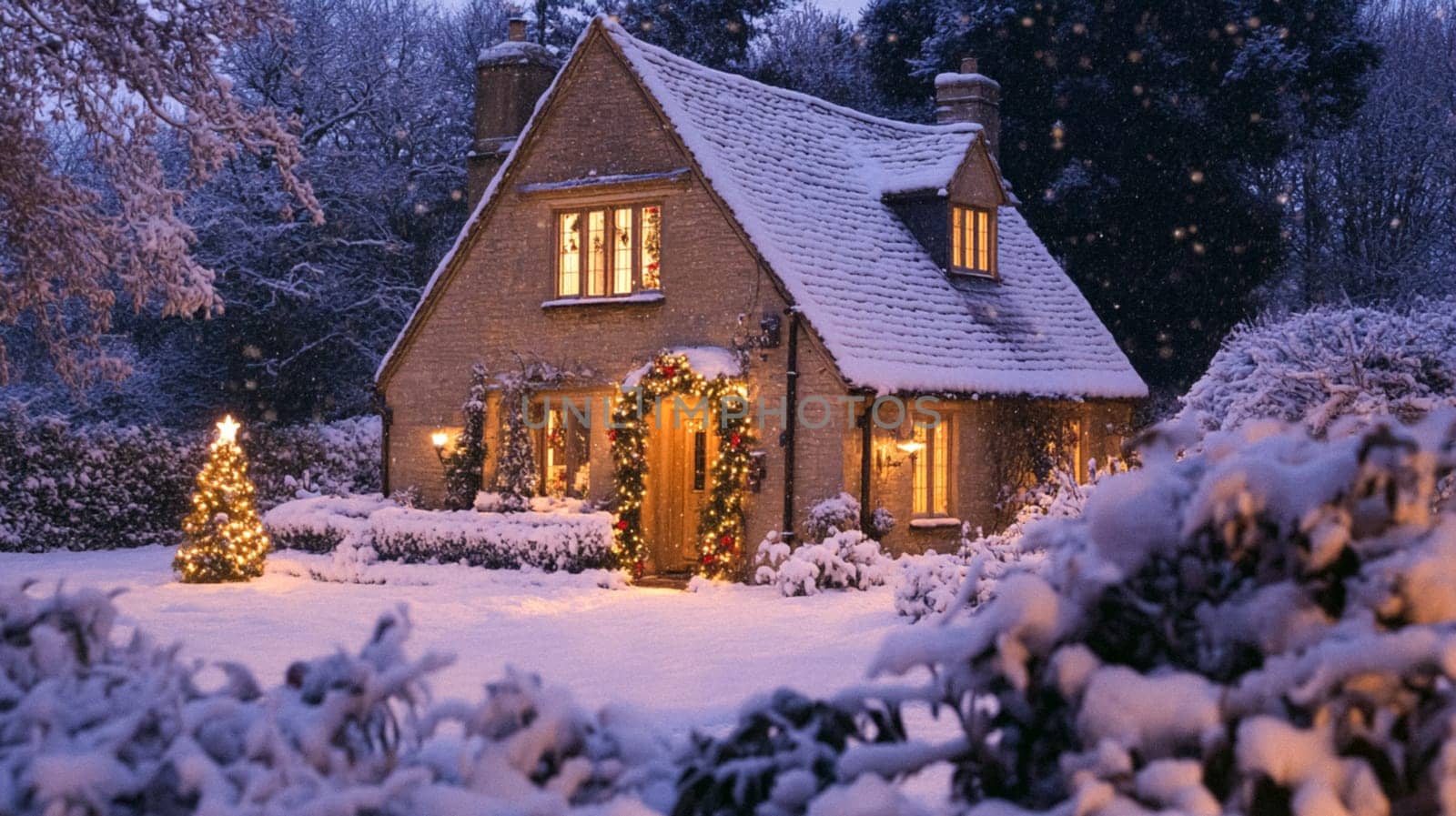 Christmas in the countryside, cottage decorated for holidays on a snowy winter evening with snow and holiday lights, English country styling inspiration
