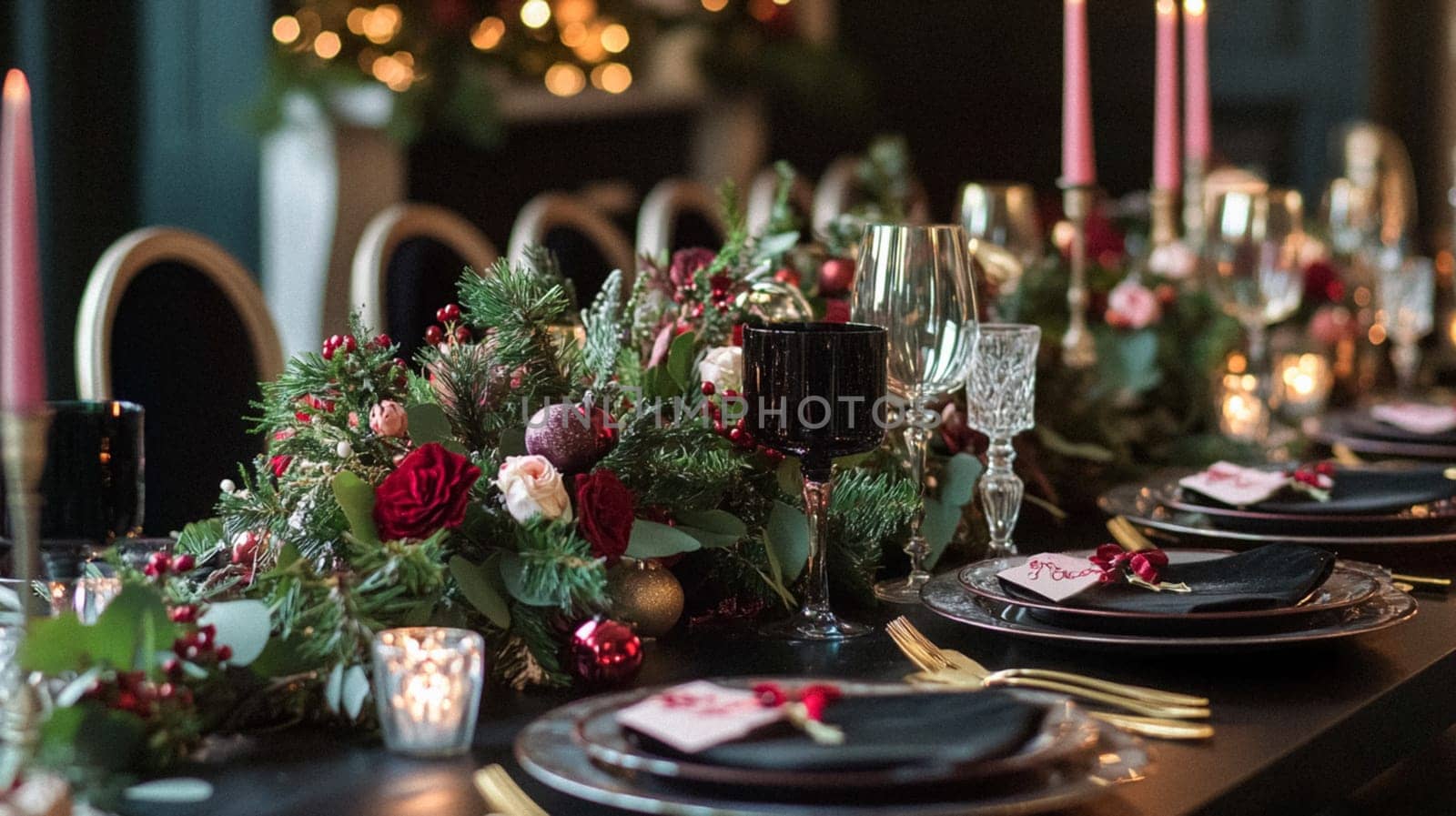 Christmas tablescape decoration, formal family dinner holiday celebration, luxury table setting decor, English country and home style idea